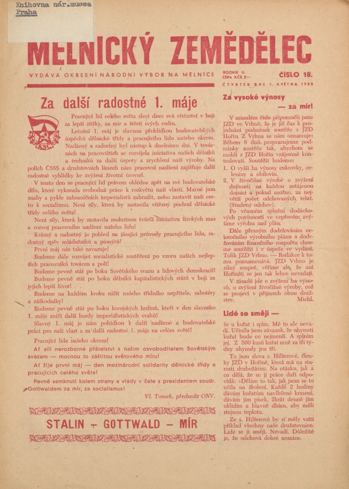 Náhledový obrázek Mělnický zemědělec, rok 1952, číslo 18 - 1
