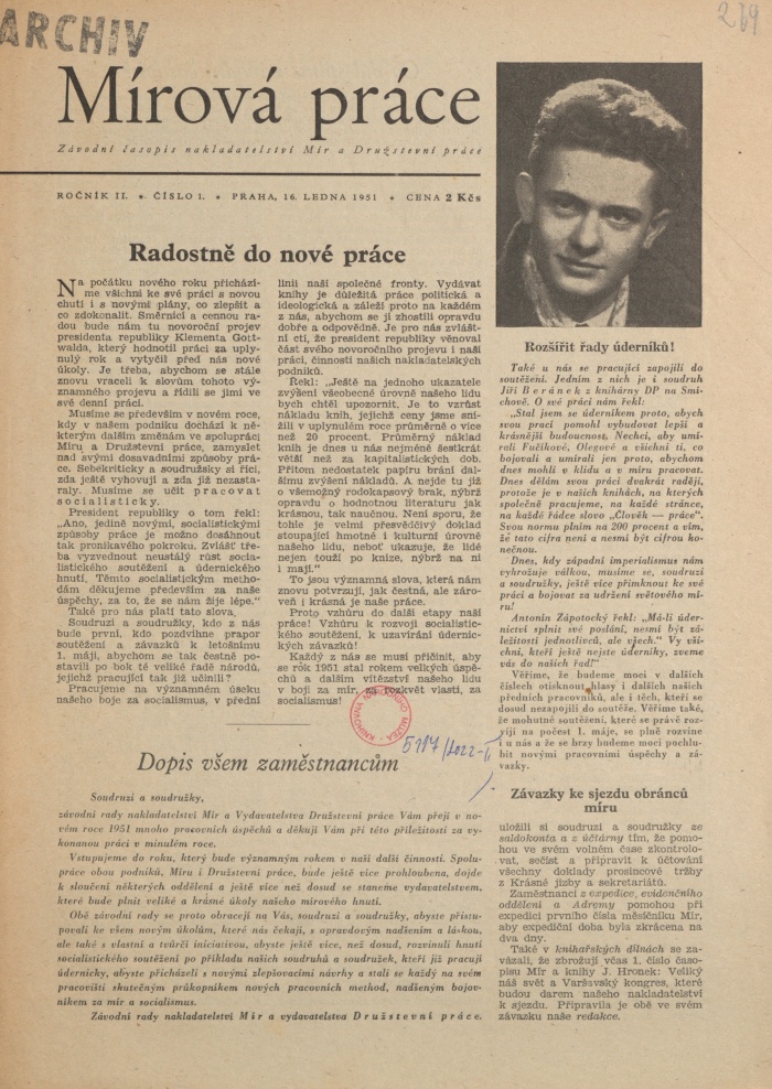 Náhledový obrázek Mírová práce, rok 1951, číslo 1 - 1