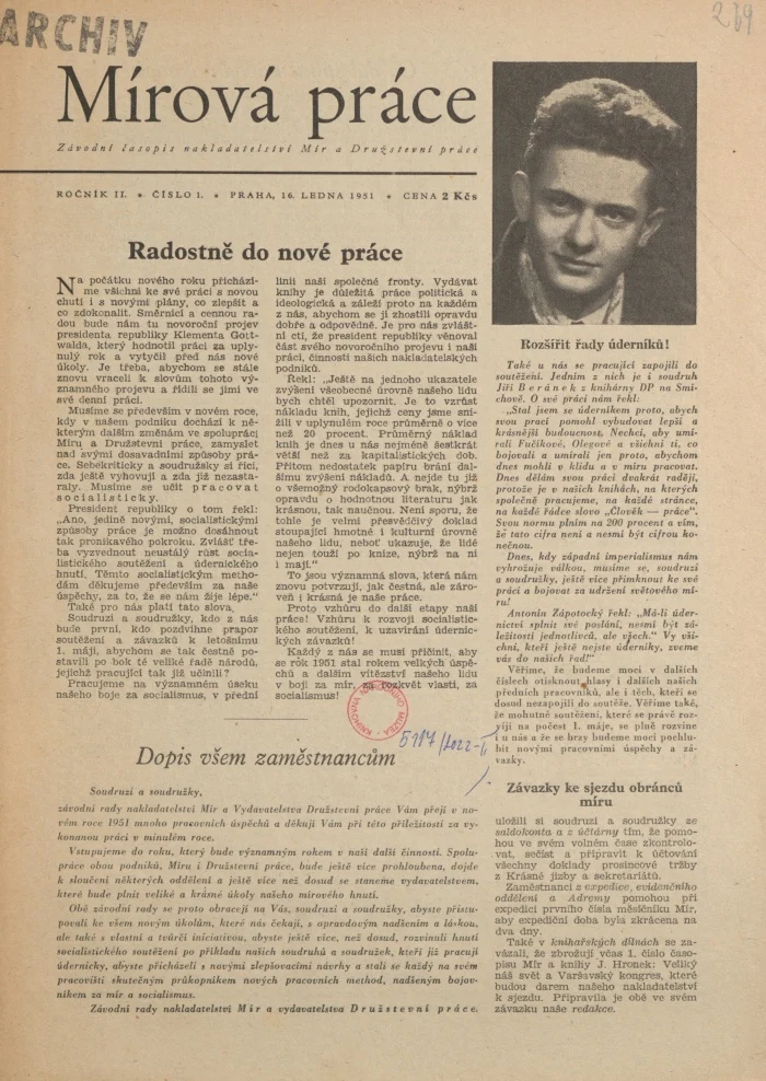 Náhledový obrázek předmětu Mírová práce, rok 1951, číslo 1