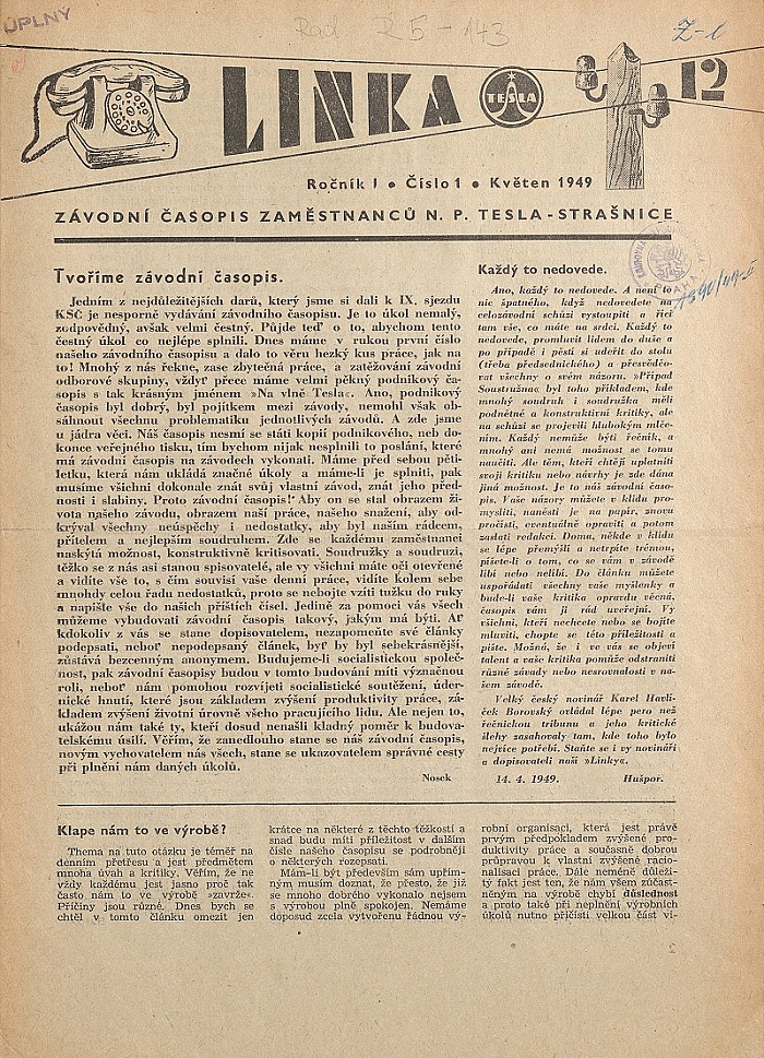 Náhledový obrázek Linka Tesla 12, rok 1949, číslo 1 - 1
