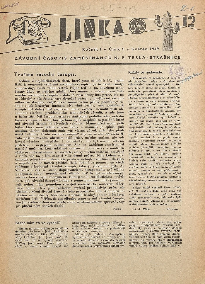 Náhledový obrázek předmětu Linka Tesla 12, rok 1949, číslo 1