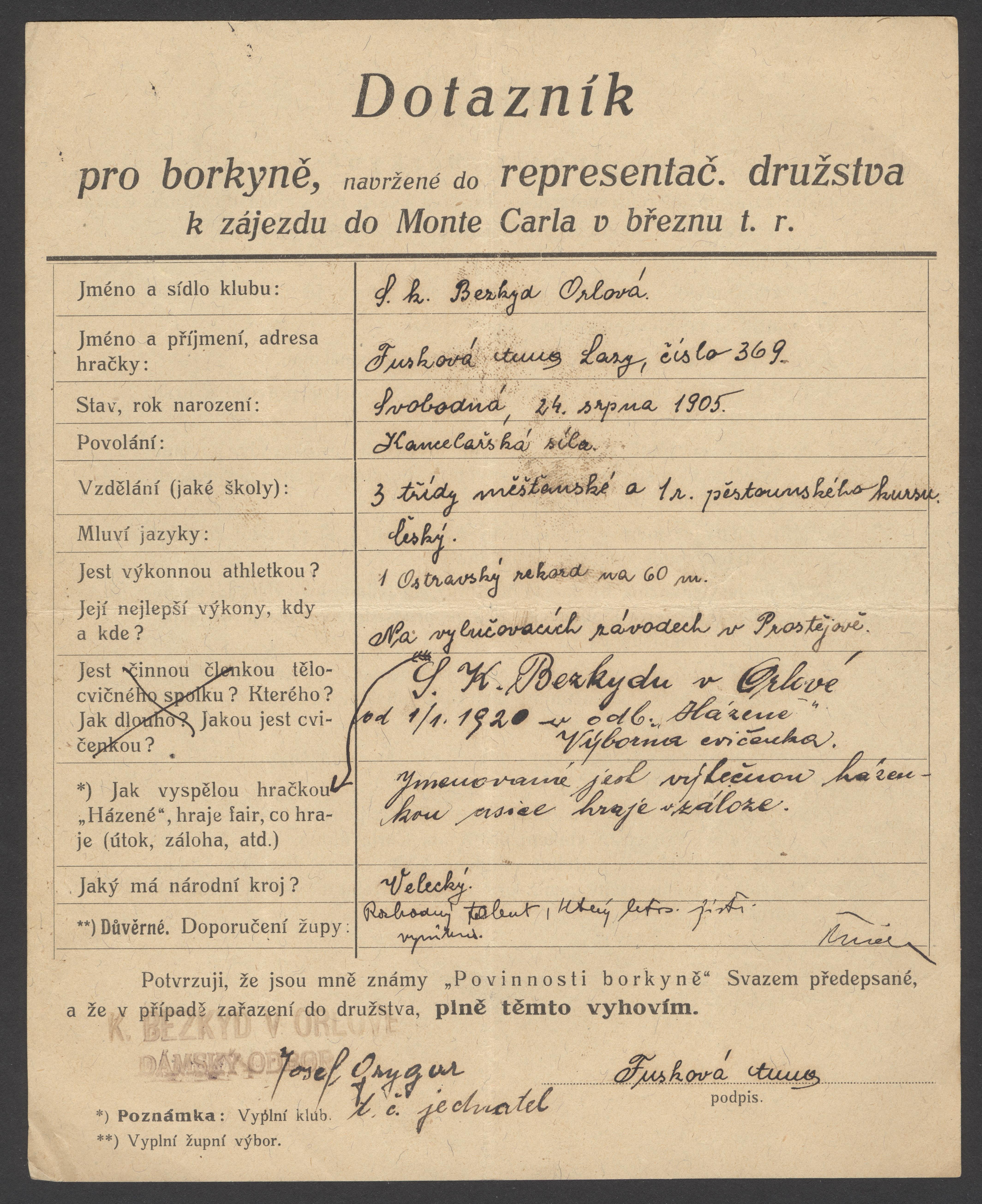 Náhledový obrázek Dotazník pro borkyně, navržené do representačního družstva - 1