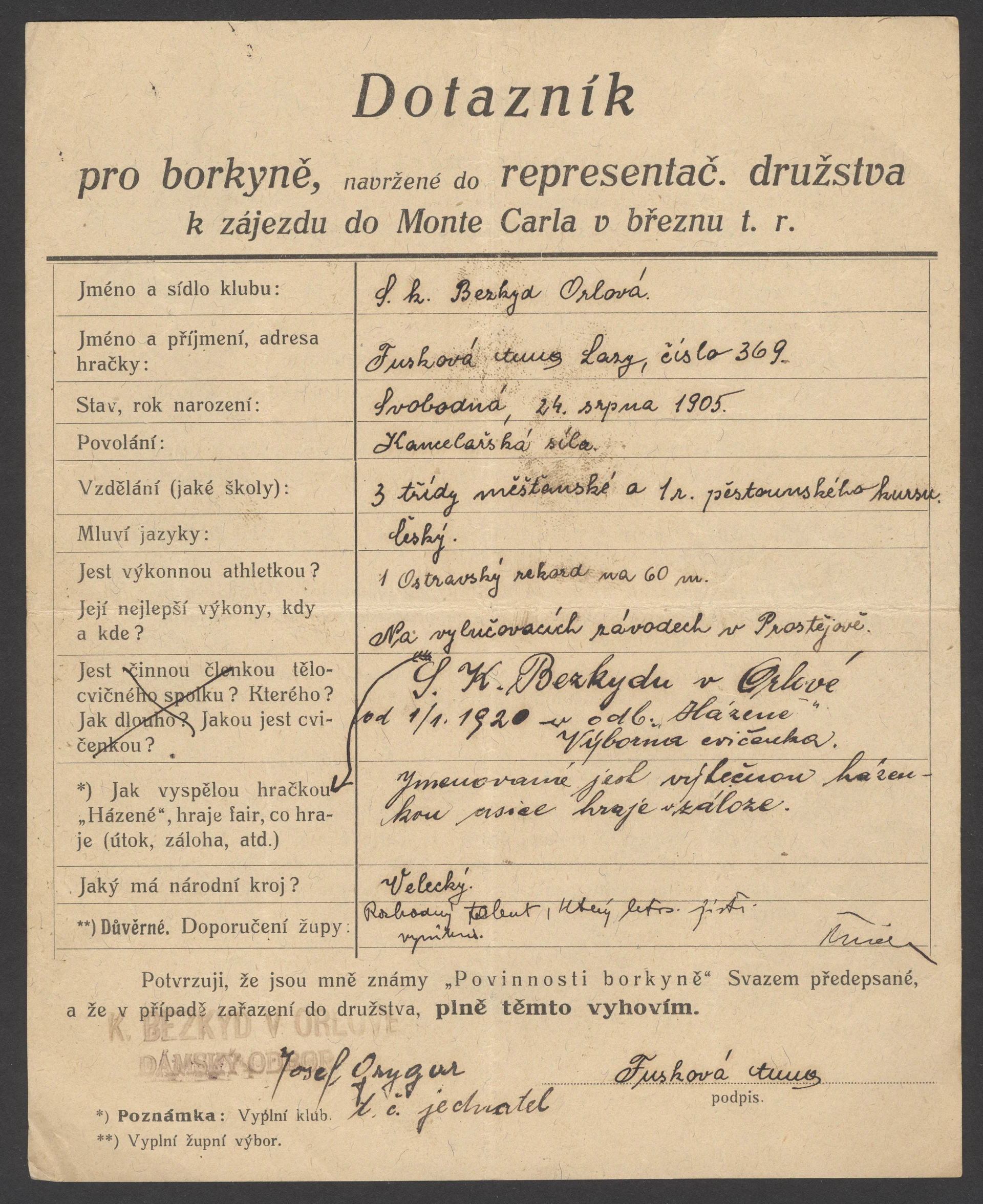 Náhledový obrázek předmětu Dotazník pro borkyně, navržené do representačního družstva