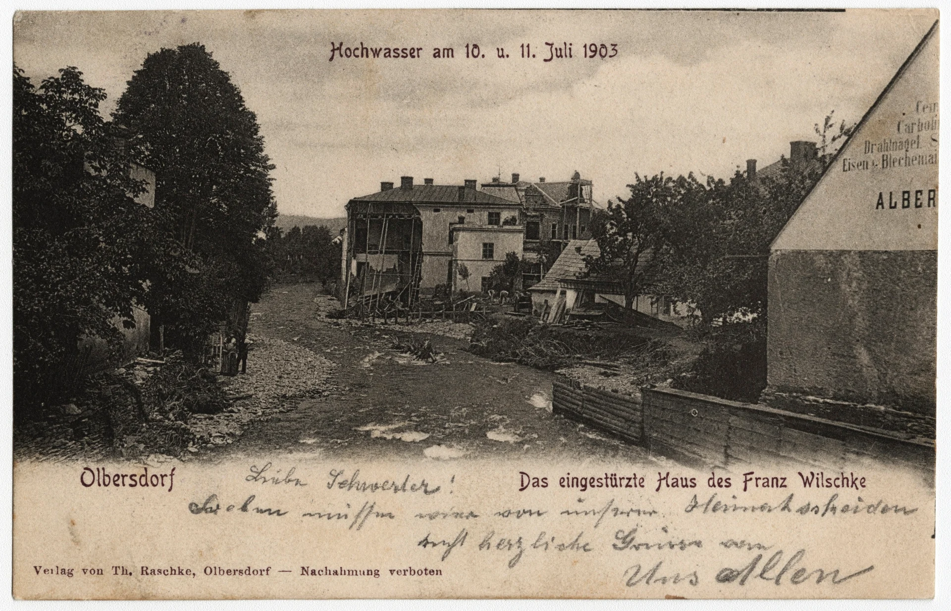 Náhledový obrázek předmětu Povodeň r. 1903: Město Albrechtice (čb. pohlednice)