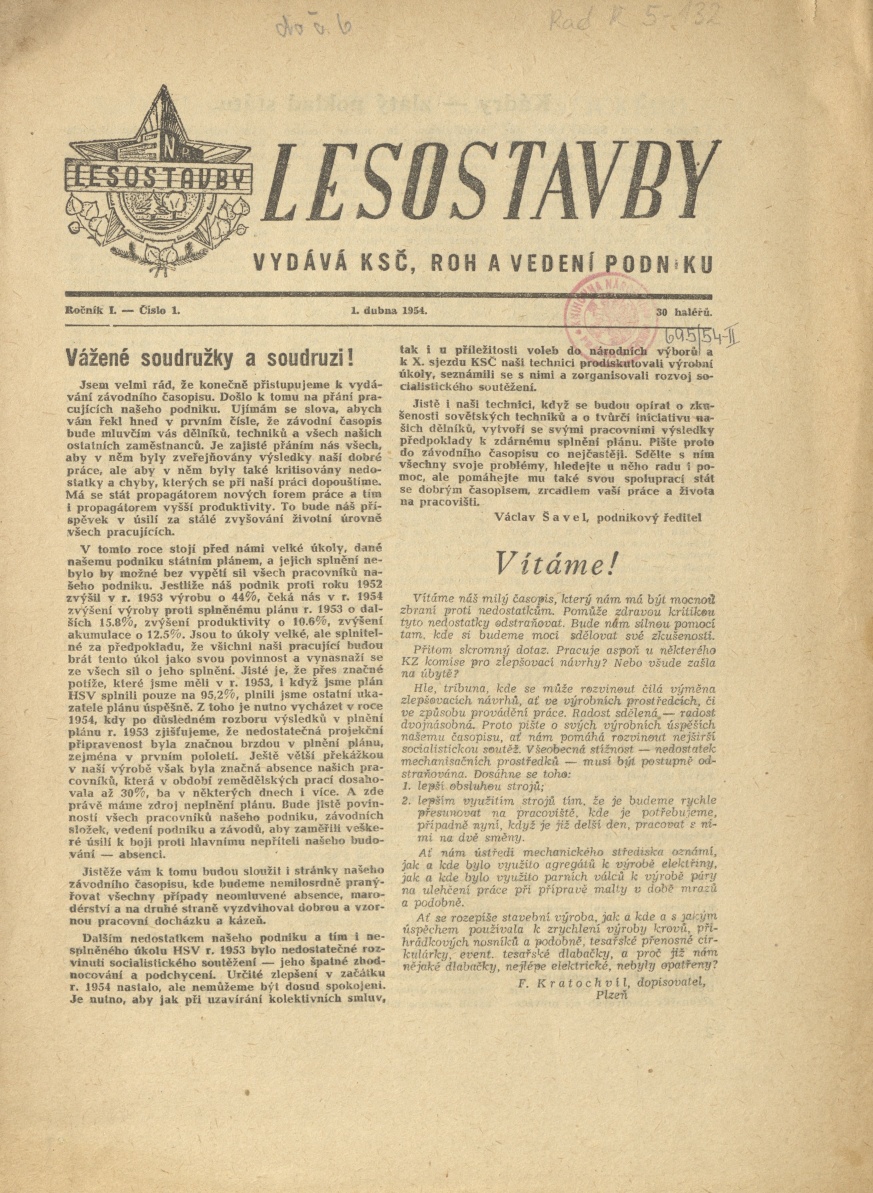 Náhledový obrázek Lesostavby, rok 1954, číslo 1 - 1