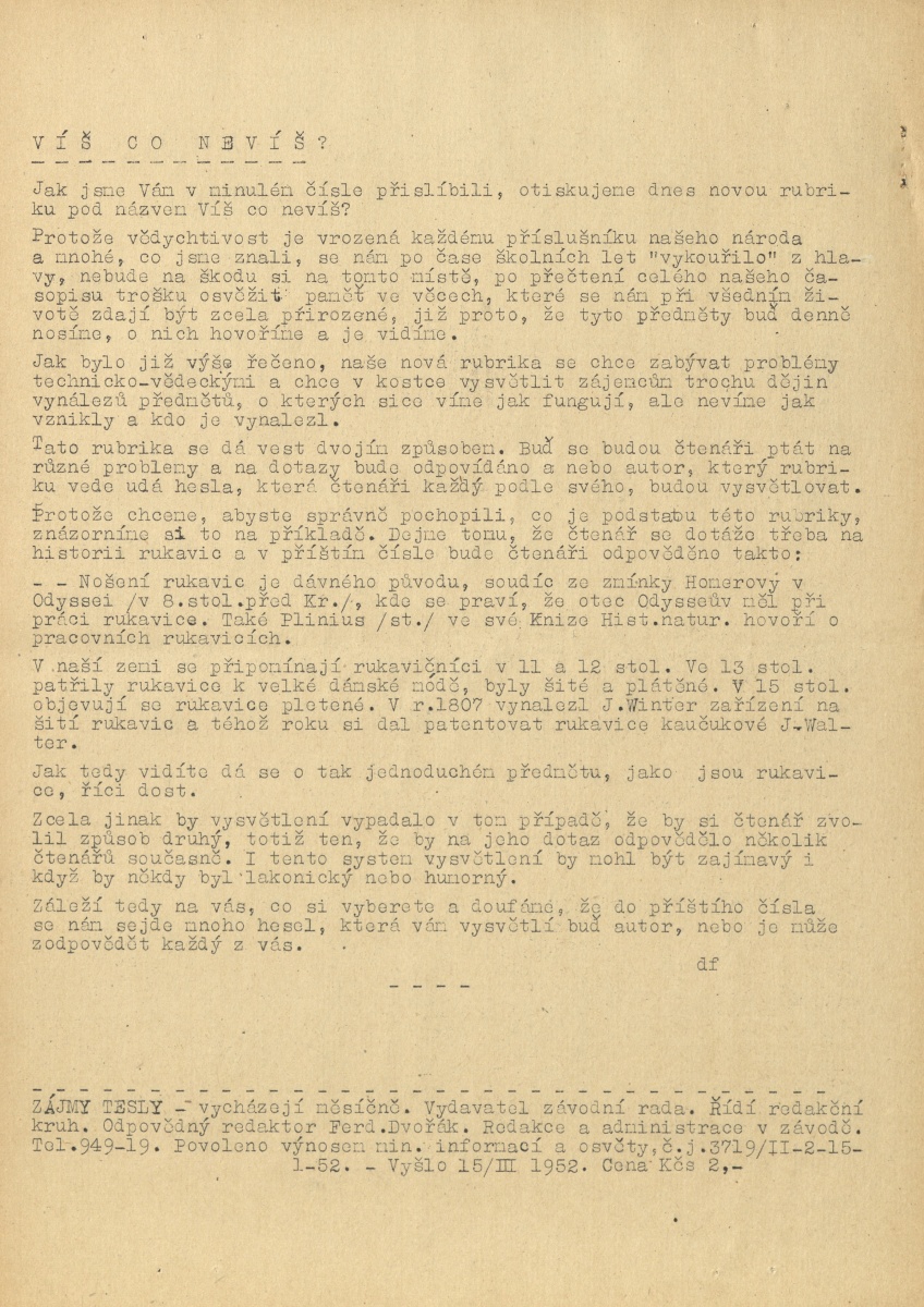 Náhledový obrázek Zájmy Tesly, rok 1952, číslo 3 - 7
