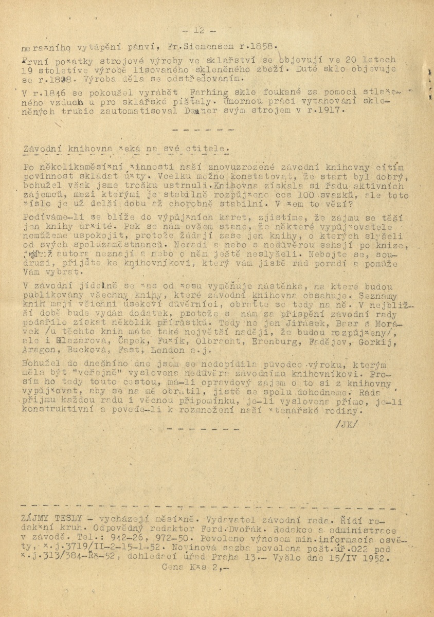 Náhledový obrázek Zájmy Tesly, rok 1952, číslo 4 - 12