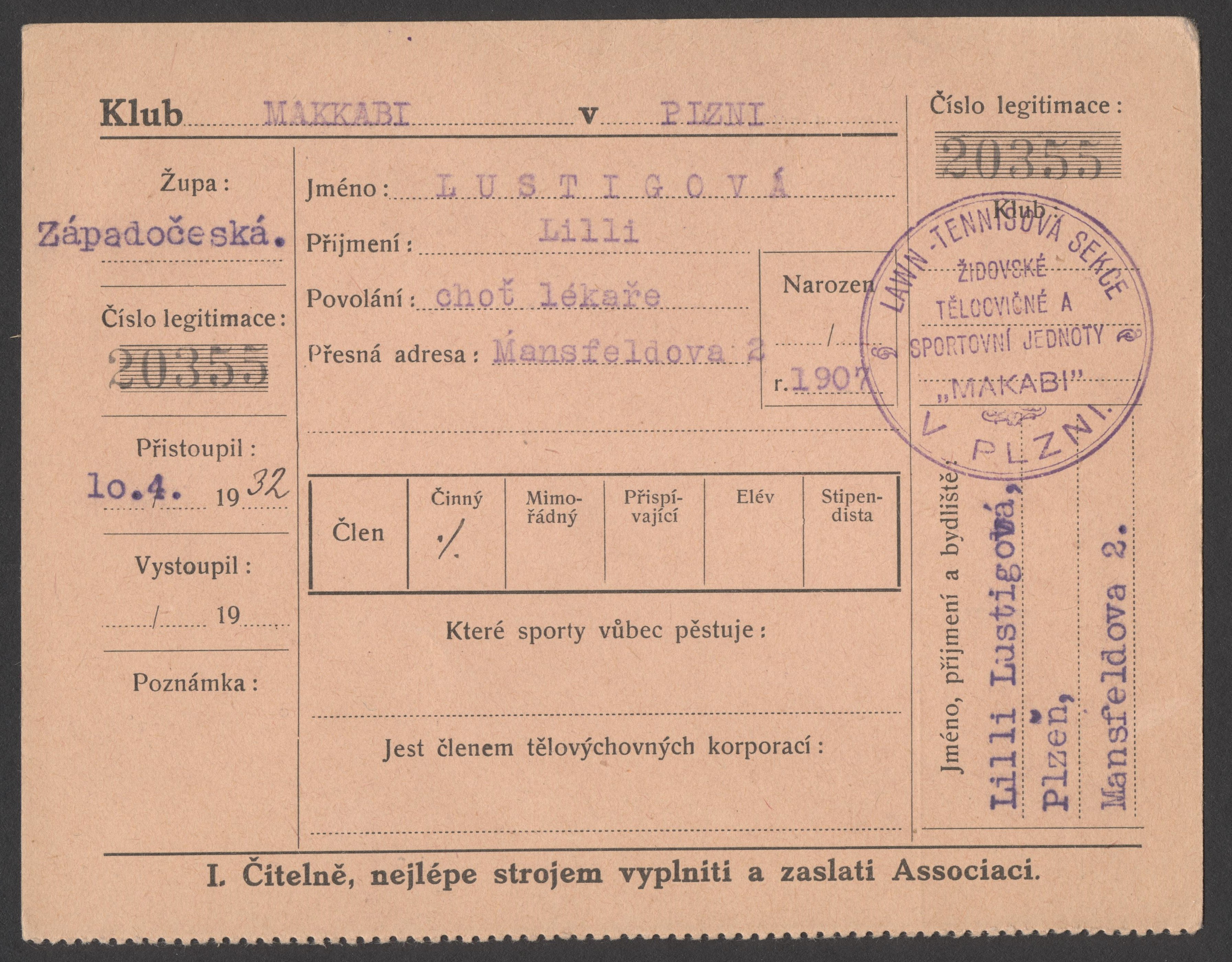 Náhledový obrázek Makkabi v Plzni. Lawn-tennisová sekce. Legitimace - 1