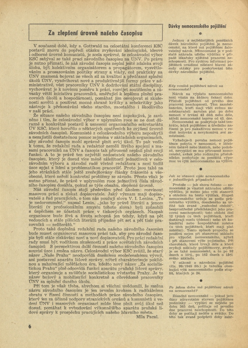 Náhledový obrázek Za socialistickou Prahu, rok 1953, číslo 1 - 6