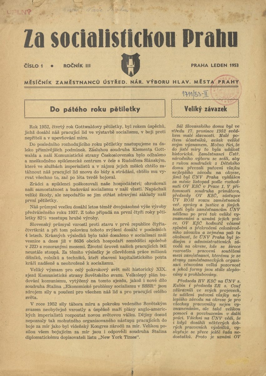 Náhledový obrázek Za socialistickou Prahu, rok 1953, číslo 1 - 1