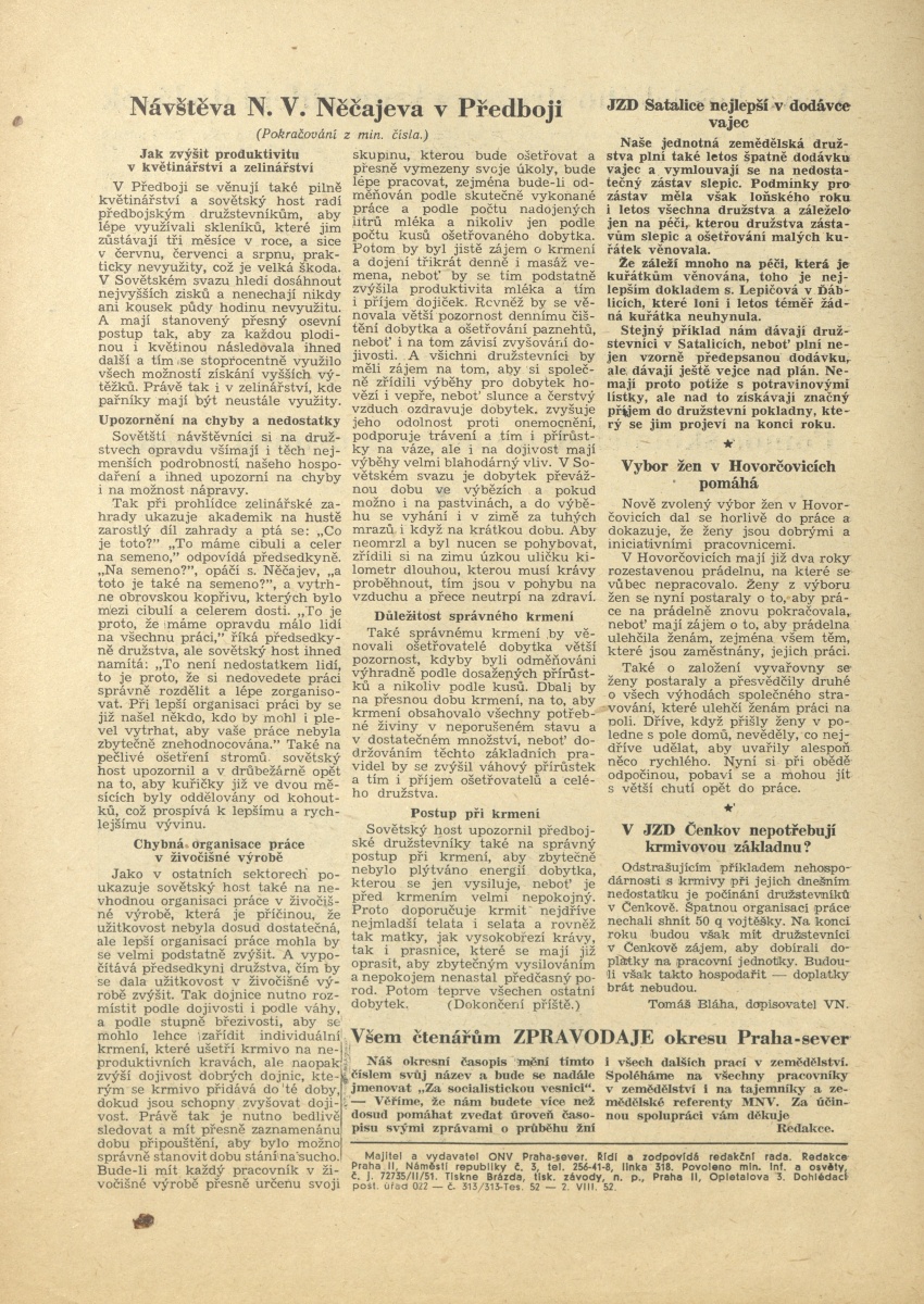 Náhledový obrázek Za socialistickou vesnici okresu Praha-sever, rok 1952, číslo 19-20 - 3