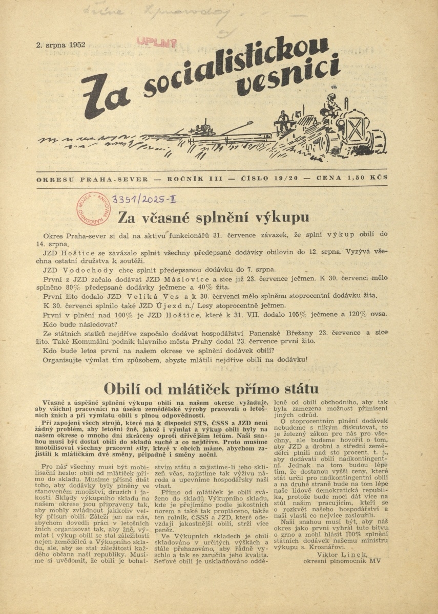 Náhledový obrázek Za socialistickou vesnici okresu Praha-sever, rok 1952, číslo 19-20 - 1