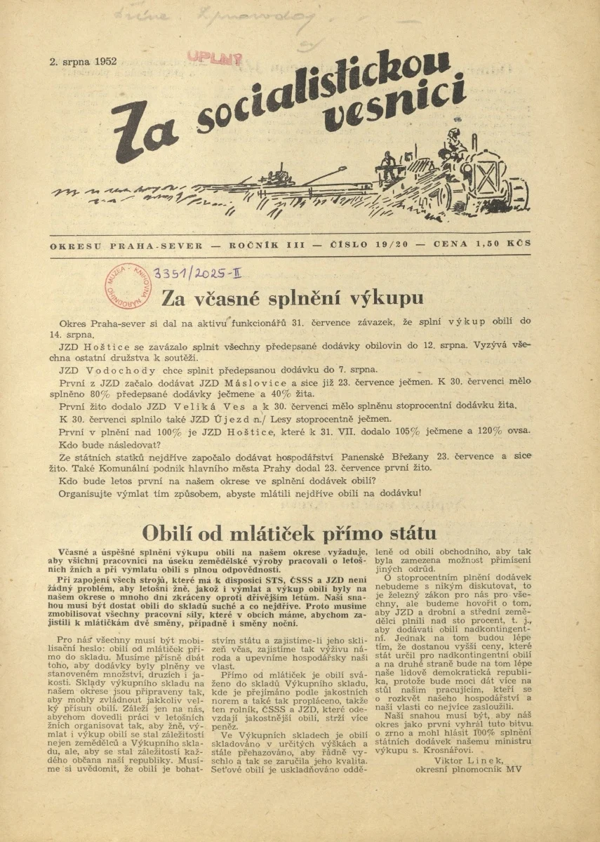 Náhledový obrázek předmětu Za socialistickou vesnici okresu Praha-sever, rok 1952, číslo 19-20