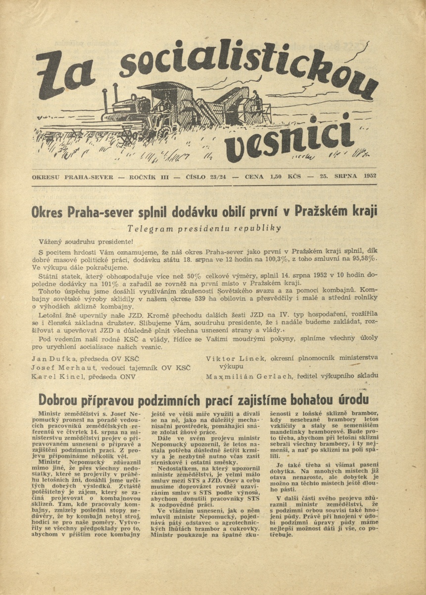 Náhledový obrázek Za socialistickou vesnici okresu Praha-sever, rok 1952, číslo 23-24 - 1