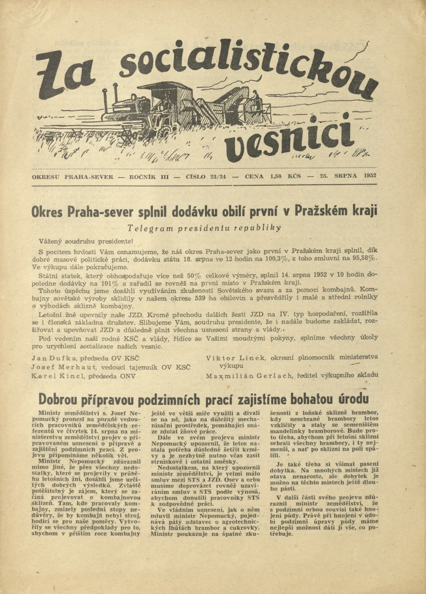 Náhledový obrázek předmětu Za socialistickou vesnici okresu Praha-sever, rok 1952, číslo 23-24