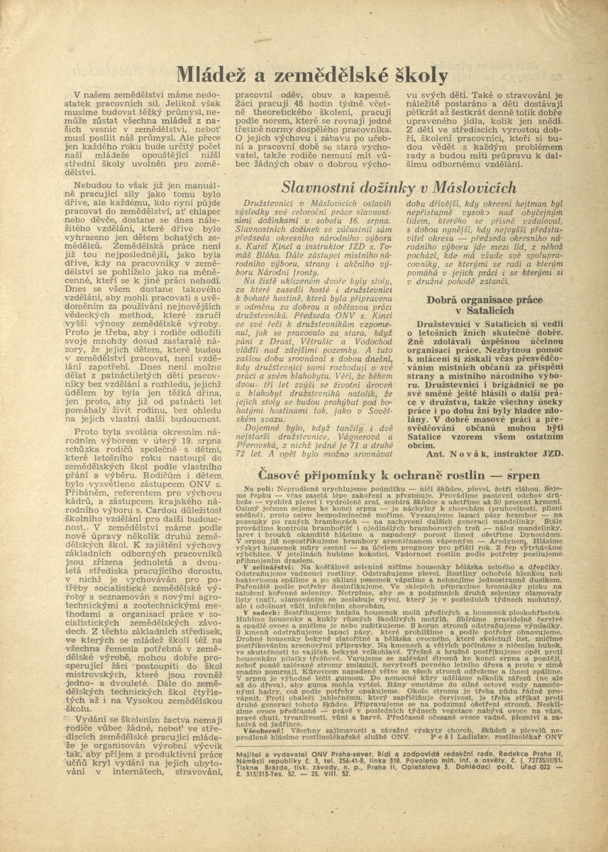 Náhledový obrázek Za socialistickou vesnici okresu Praha-sever, rok 1952, číslo 23-24 - 4