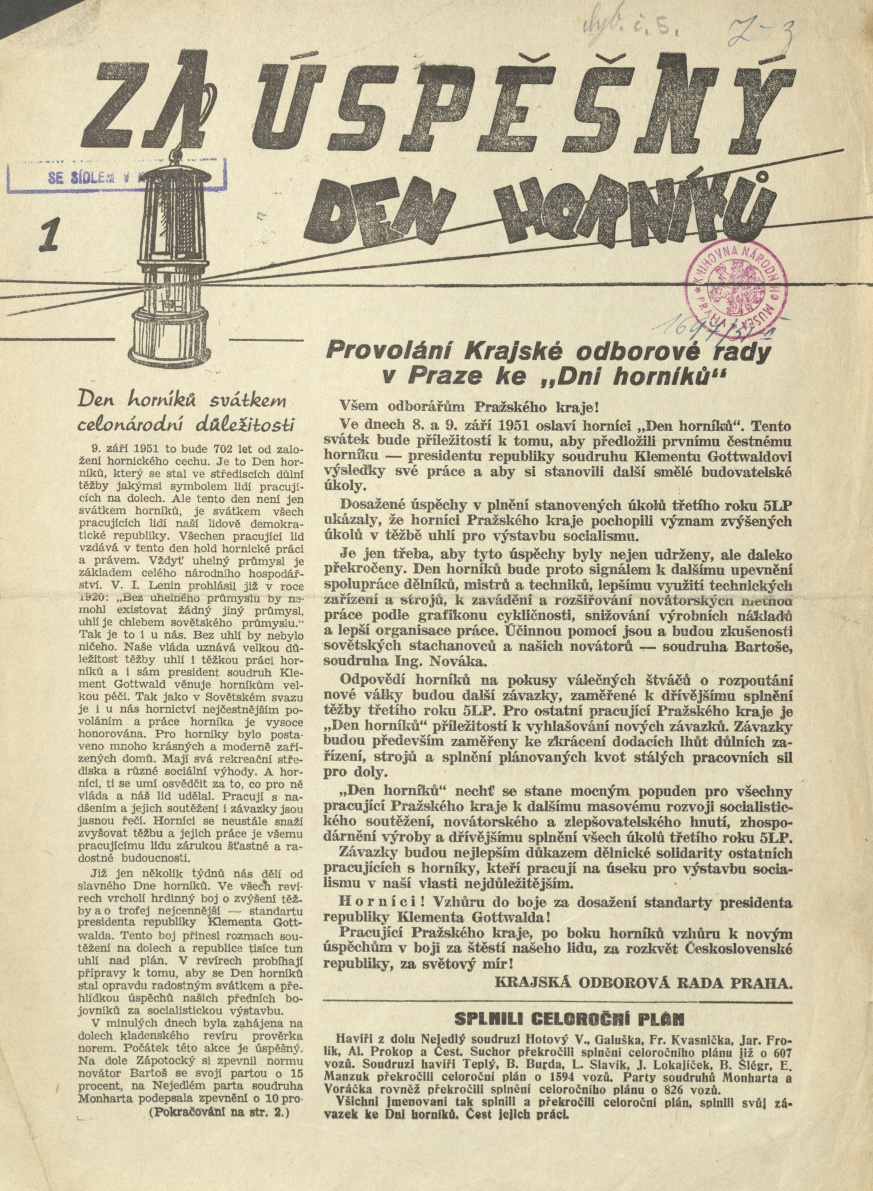 Náhledový obrázek Za úspěšný den horníků, rok 1951, číslo 1 - 1