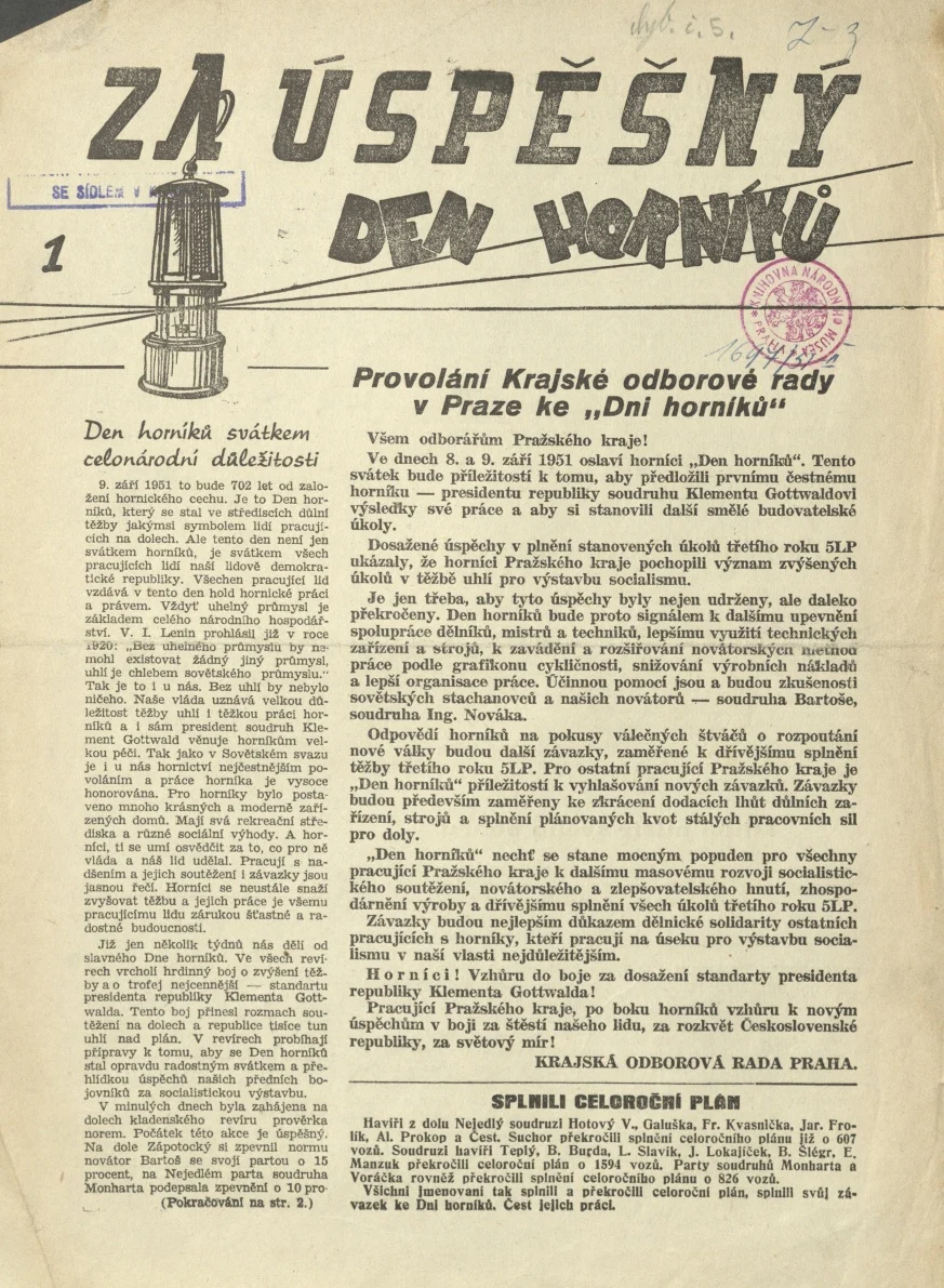 Náhledový obrázek předmětu Za úspěšný den horníků, rok 1951, číslo 1