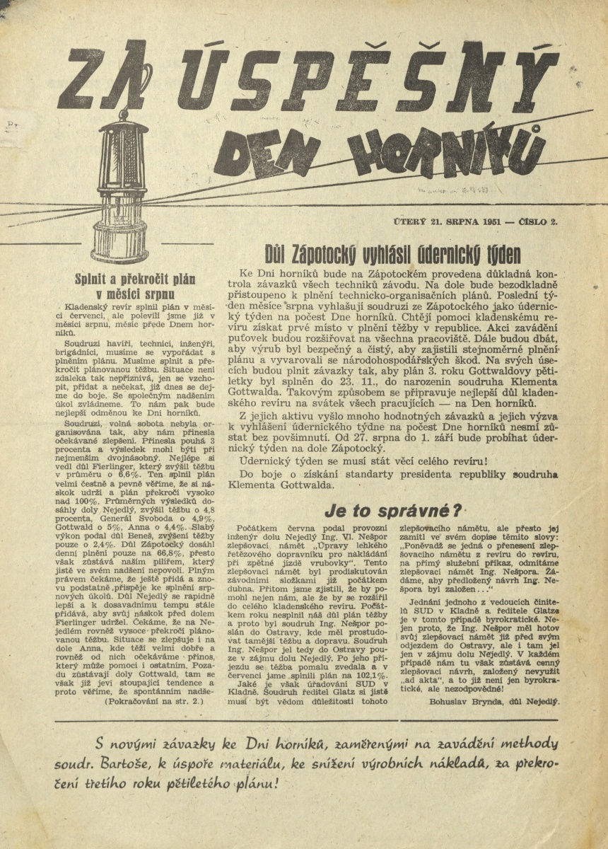 Náhledový obrázek Za úspěšný den horníků, rok 1951, číslo 2 - 1