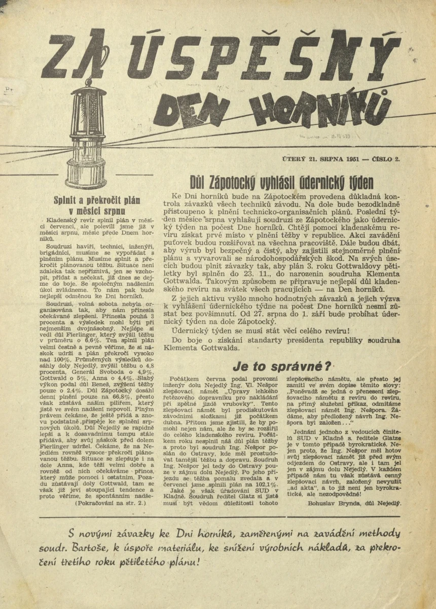 Náhledový obrázek předmětu Za úspěšný den horníků, rok 1951, číslo 2