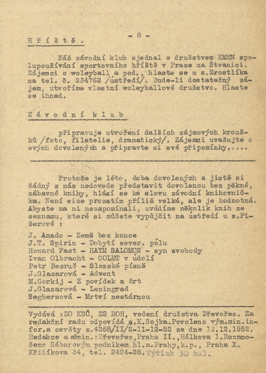 Náhledový obrázek Závodní noviny Dřevořez, rok 1953, číslo 1 - 8