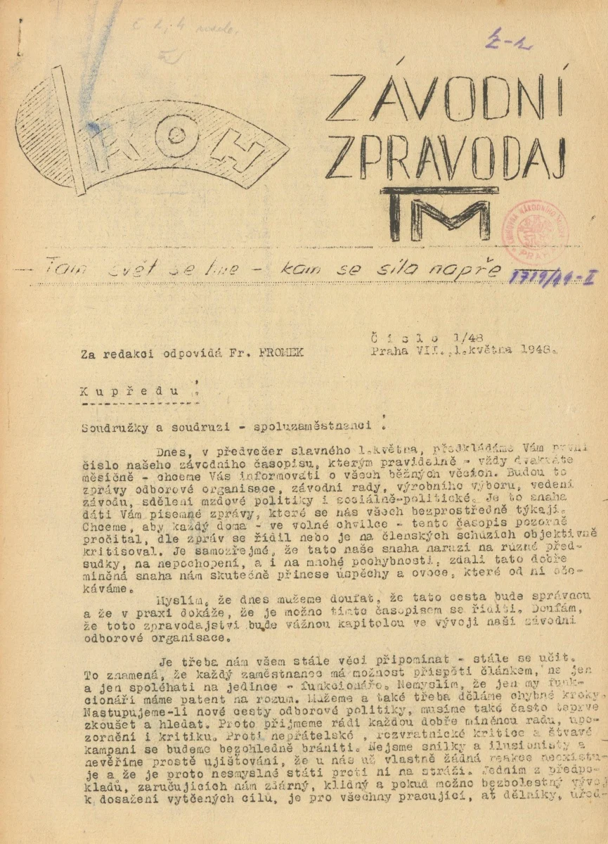 Náhledový obrázek předmětu Závodní zpravodaj TM, rok 1948, číslo 1