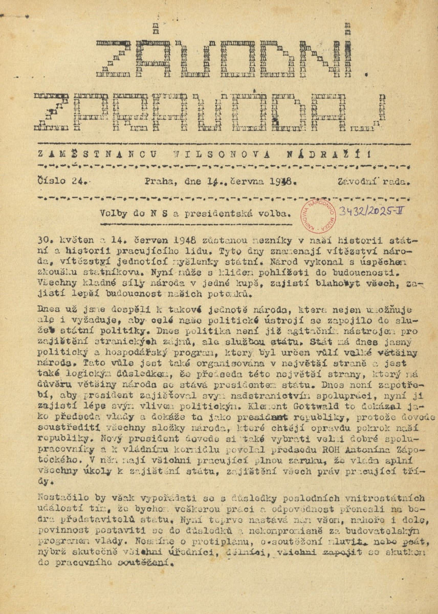 Náhledový obrázek Závodní zpravodaj zaměstnanců Wilsonova nádraží, rok 1948, číslo 24 - 1