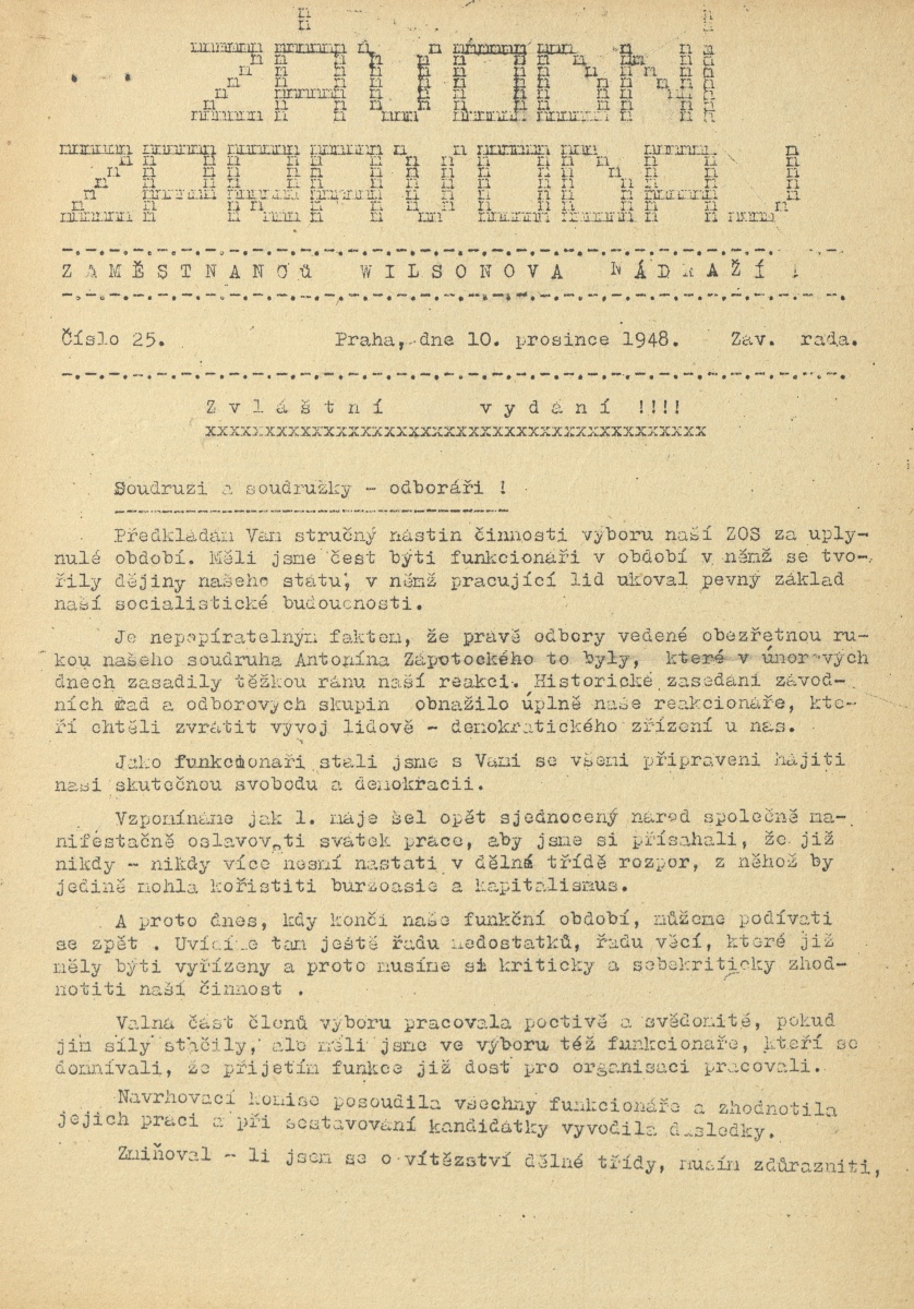 Náhledový obrázek Závodní zpravodaj zaměstnanců Wilsonova nádraží, rok 1948, číslo 25 - 1
