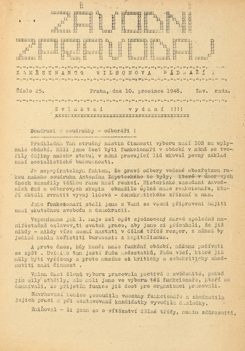 Náhledový obrázek předmětu Závodní zpravodaj zaměstnanců Wilsonova nádraží, rok 1948, číslo 25