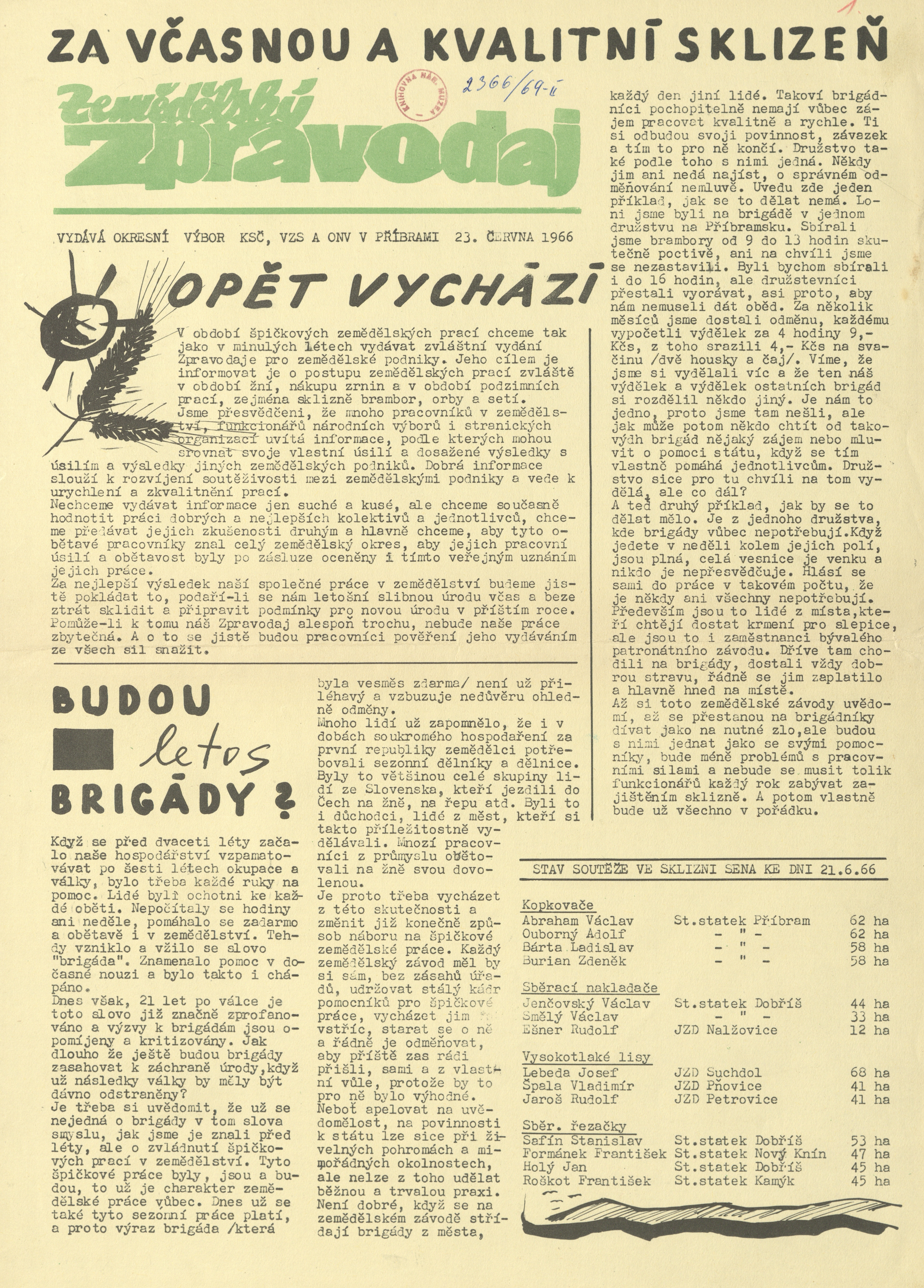 Náhledový obrázek Zemědělský zpravodaj, rok 1966, číslo 1 - 1