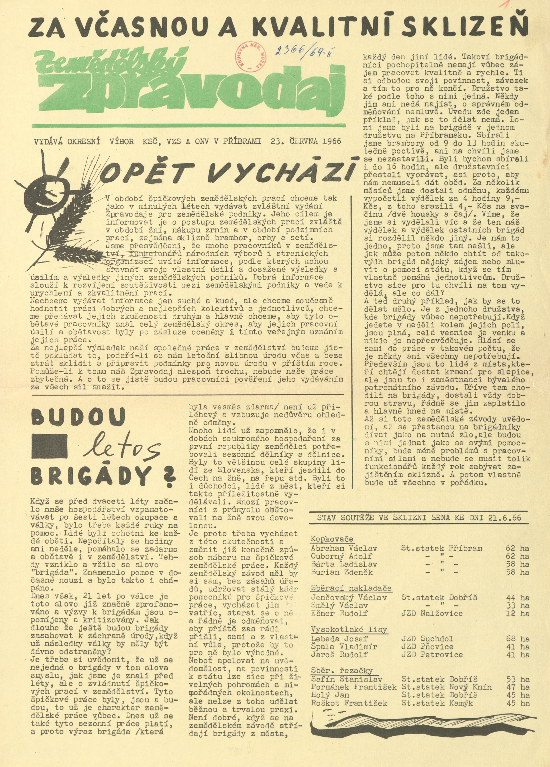 Náhledový obrázek předmětu Zemědělský zpravodaj, rok 1966, číslo 1