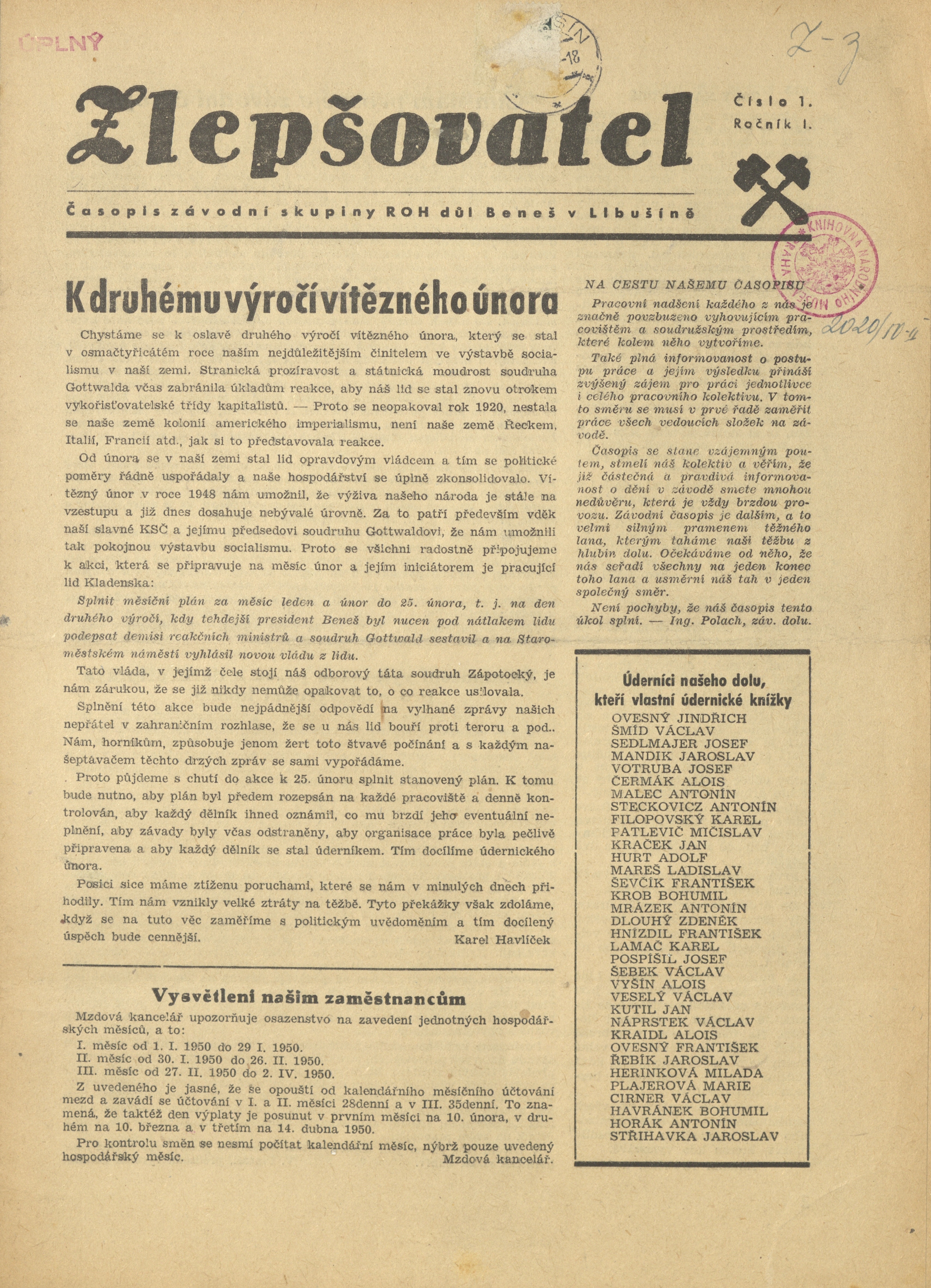 Náhledový obrázek Zlepšovatel, rok 1950, číslo 1 - 1