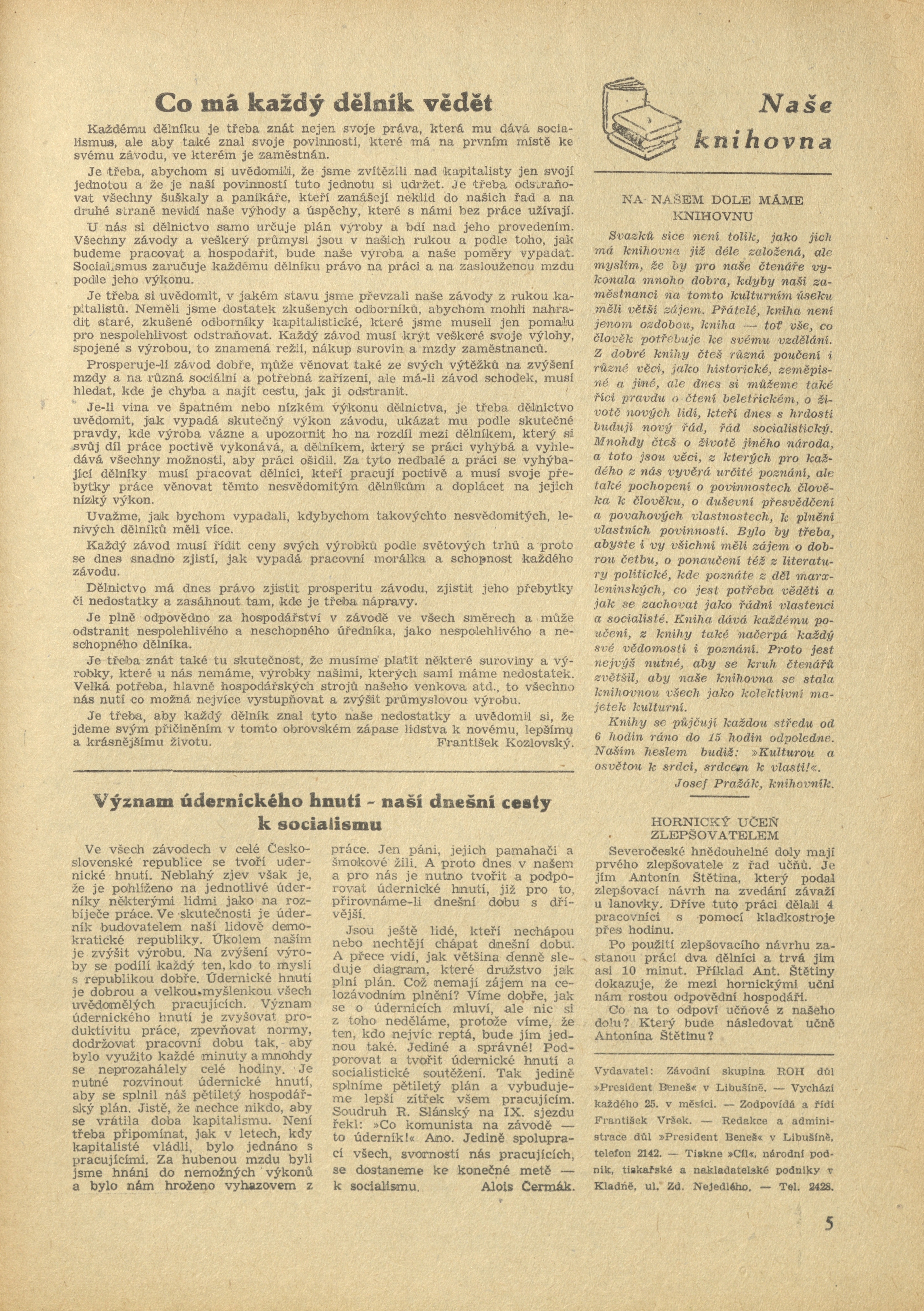 Náhledový obrázek Zlepšovatel, rok 1950, číslo 1 - 5