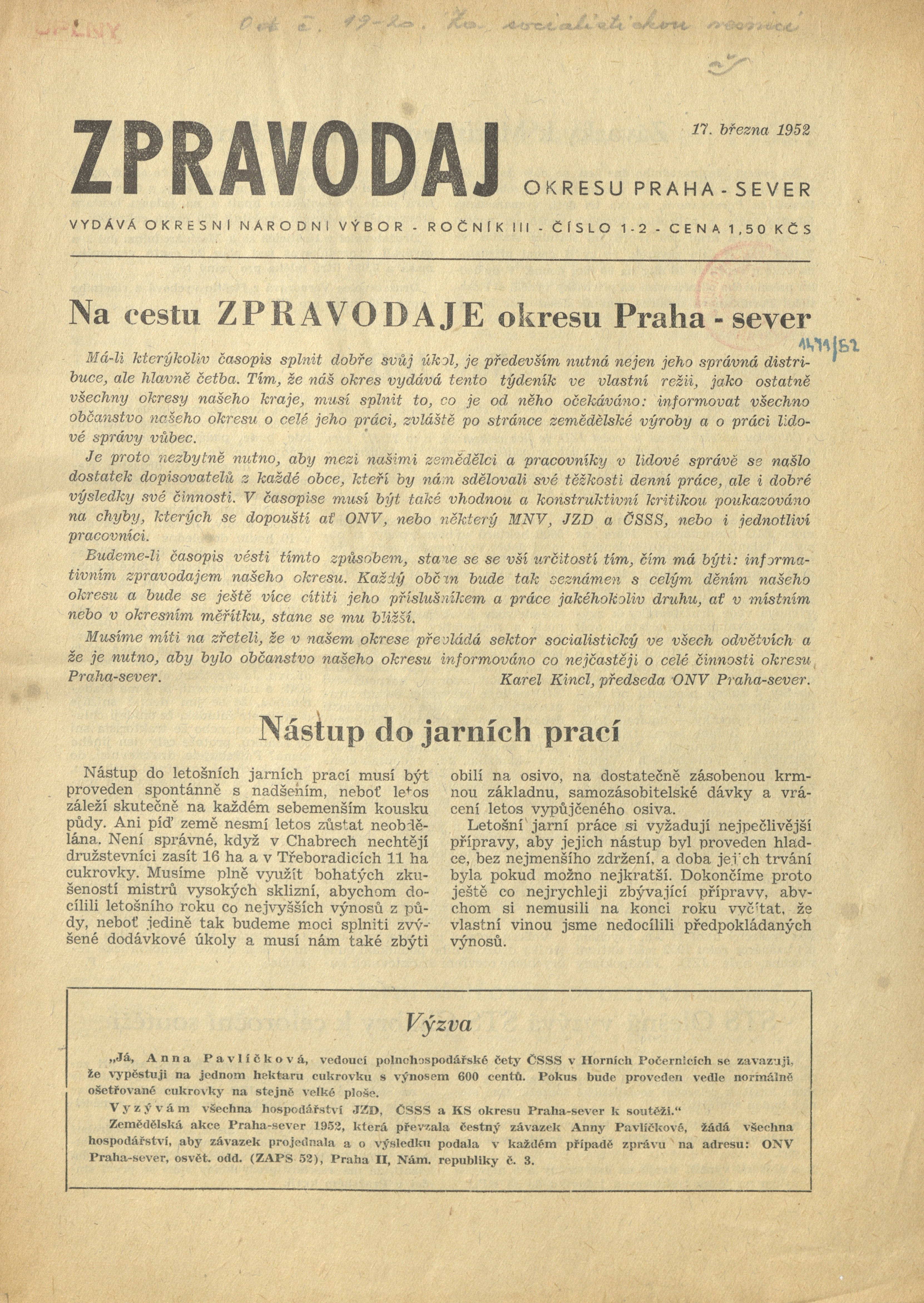 Náhledový obrázek Zpravodaj okresu Praha-sever, rok 1952, číslo 1-2 - 1