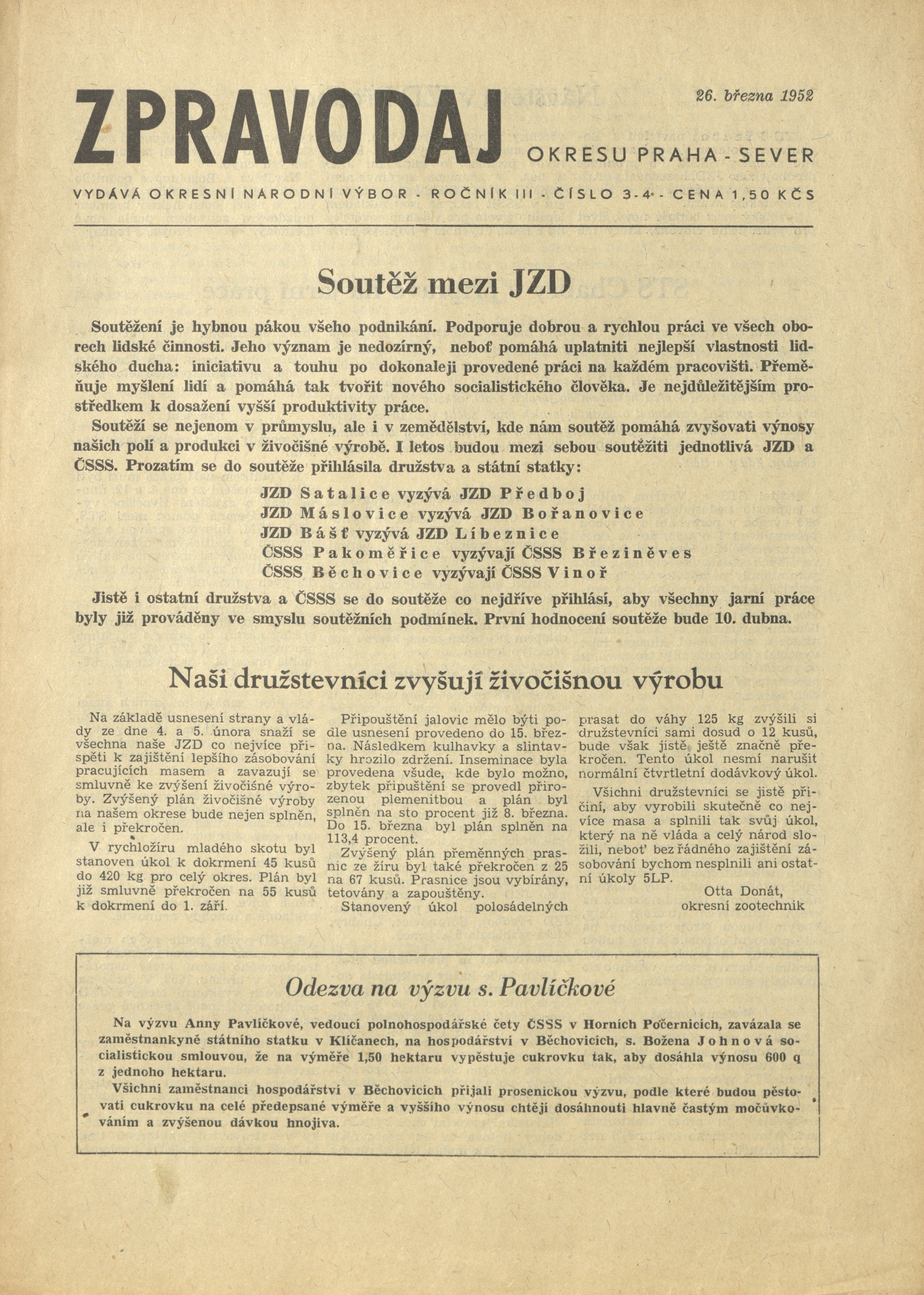 Náhledový obrázek Zpravodaj okresu Praha-sever, rok 1952, číslo 3-4 - 1