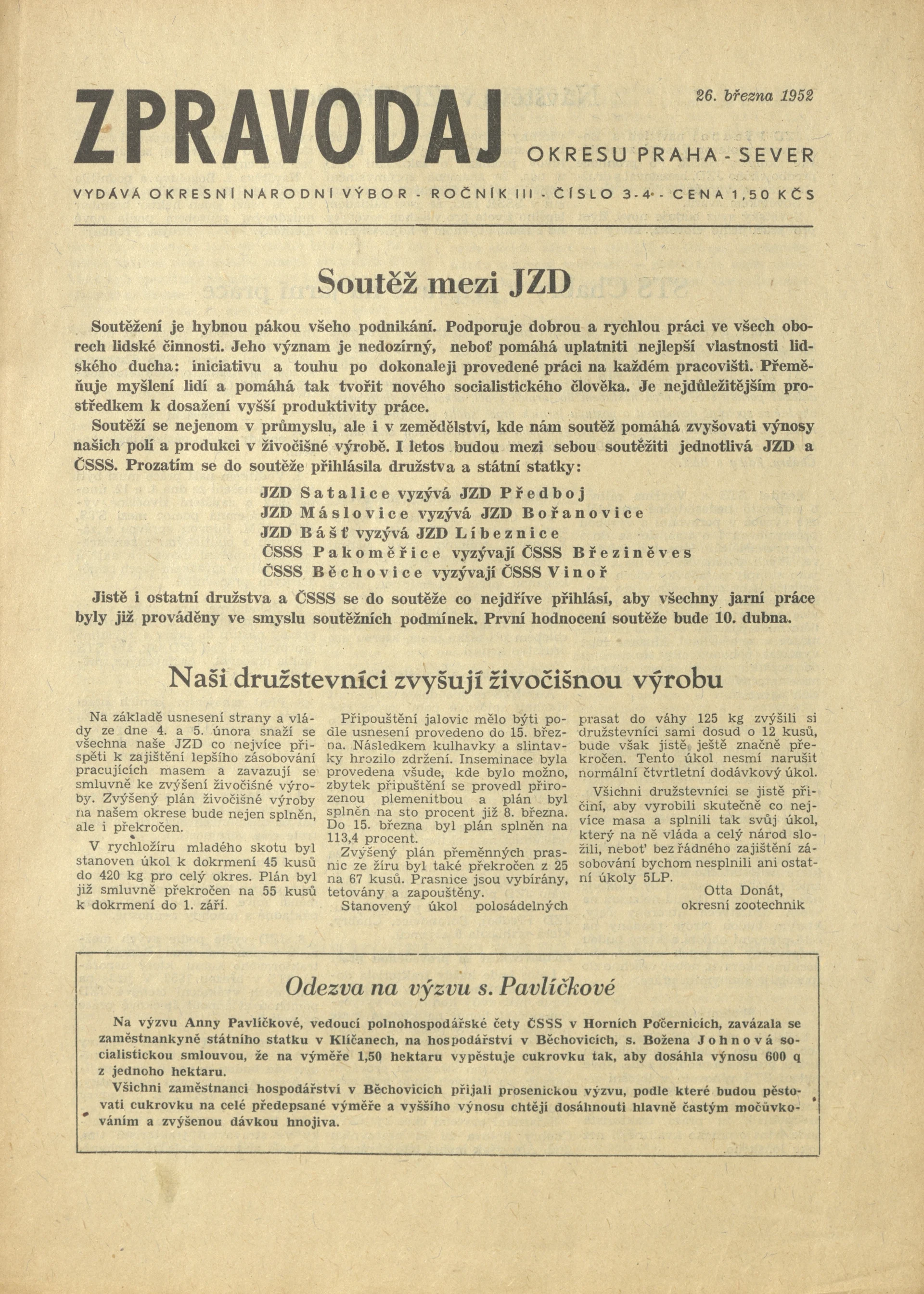 Náhledový obrázek předmětu Zpravodaj okresu Praha-sever, rok 1952, číslo 3-4