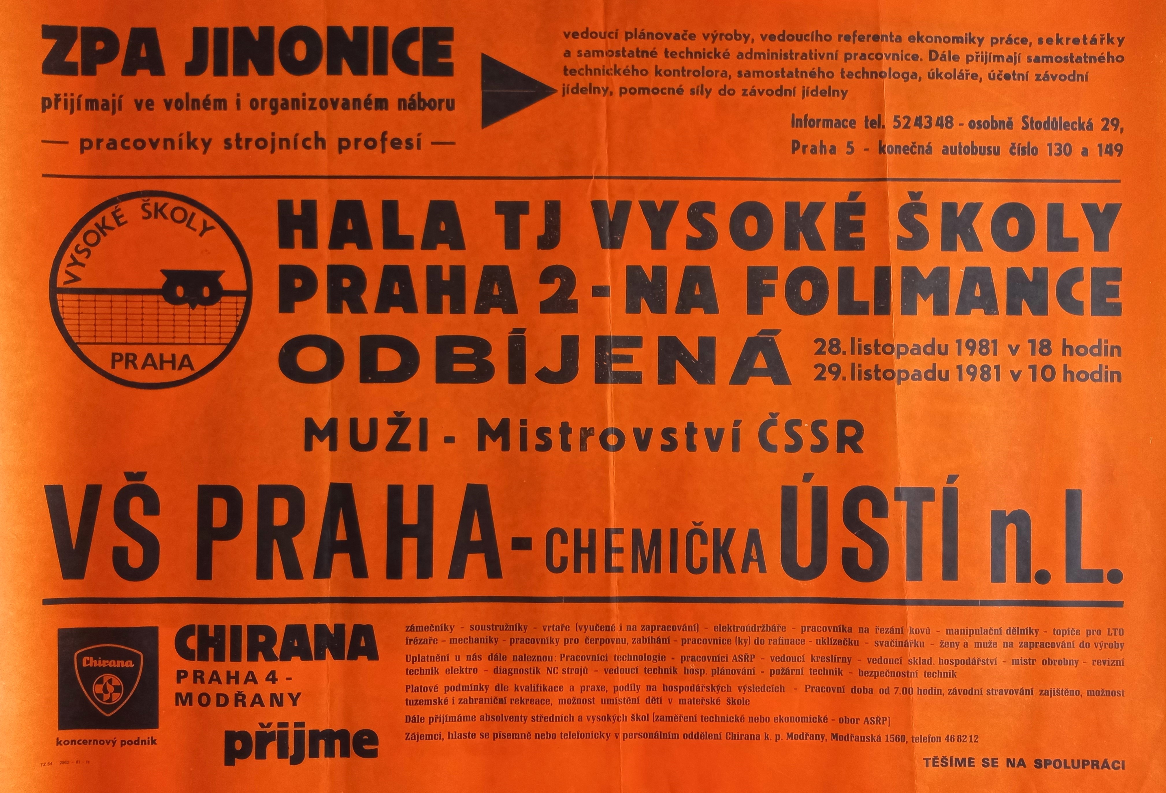 Náhledový obrázek Odbíjená. Muži - mistrovství ČSSR. VŠ Praha - Chemička Ústí n. L. - 1