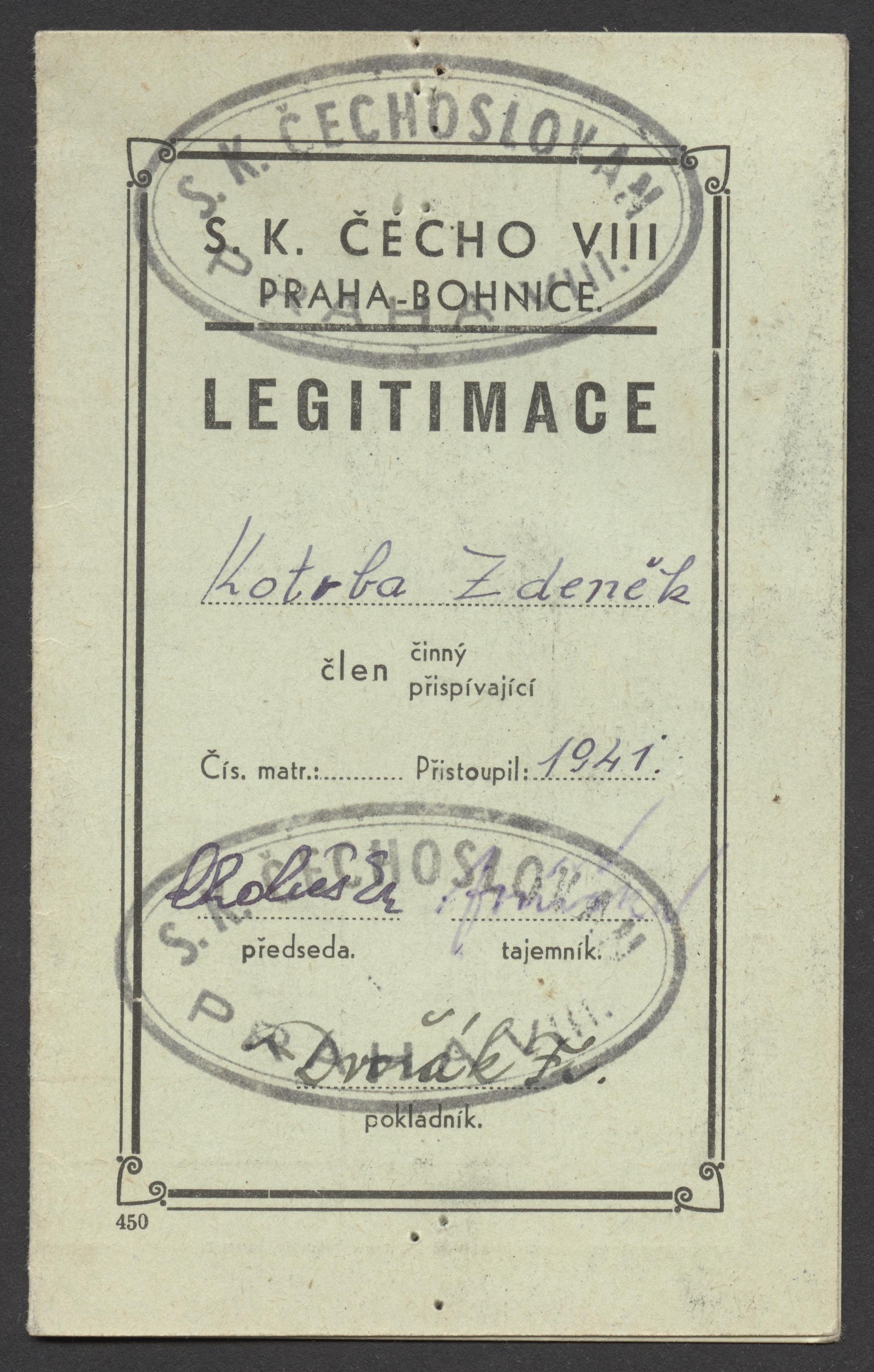 Náhledový obrázek S. K. Čechoslovan Praha-Bohnice. Členská legitimace - 2