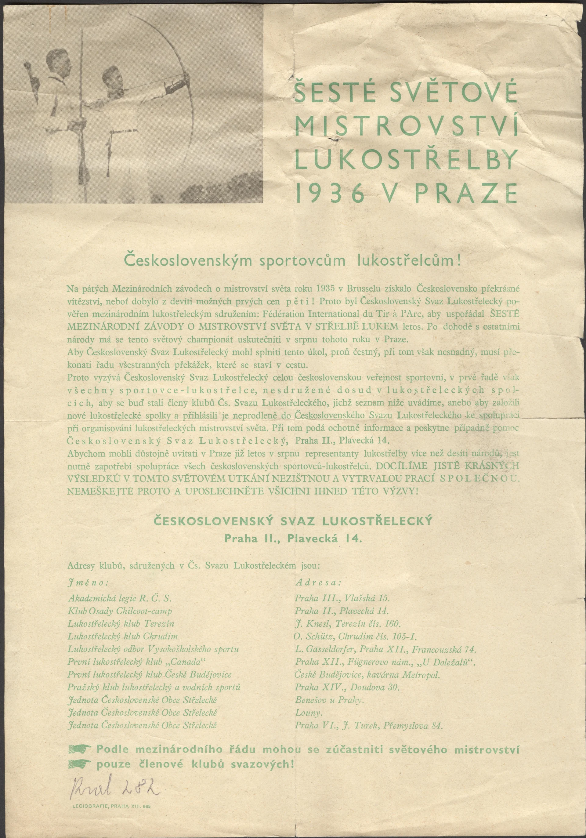 Náhledový obrázek předmětu Mistrovství světa v lukostřelbě. Praha 1936