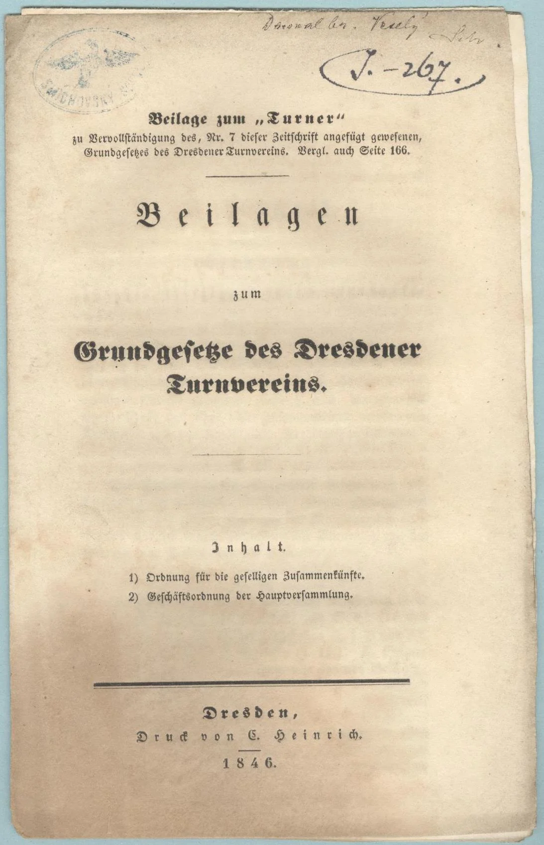 Náhledový obrázek předmětu Beilagen zum Grundgesetze des Dresdener Turnvereins