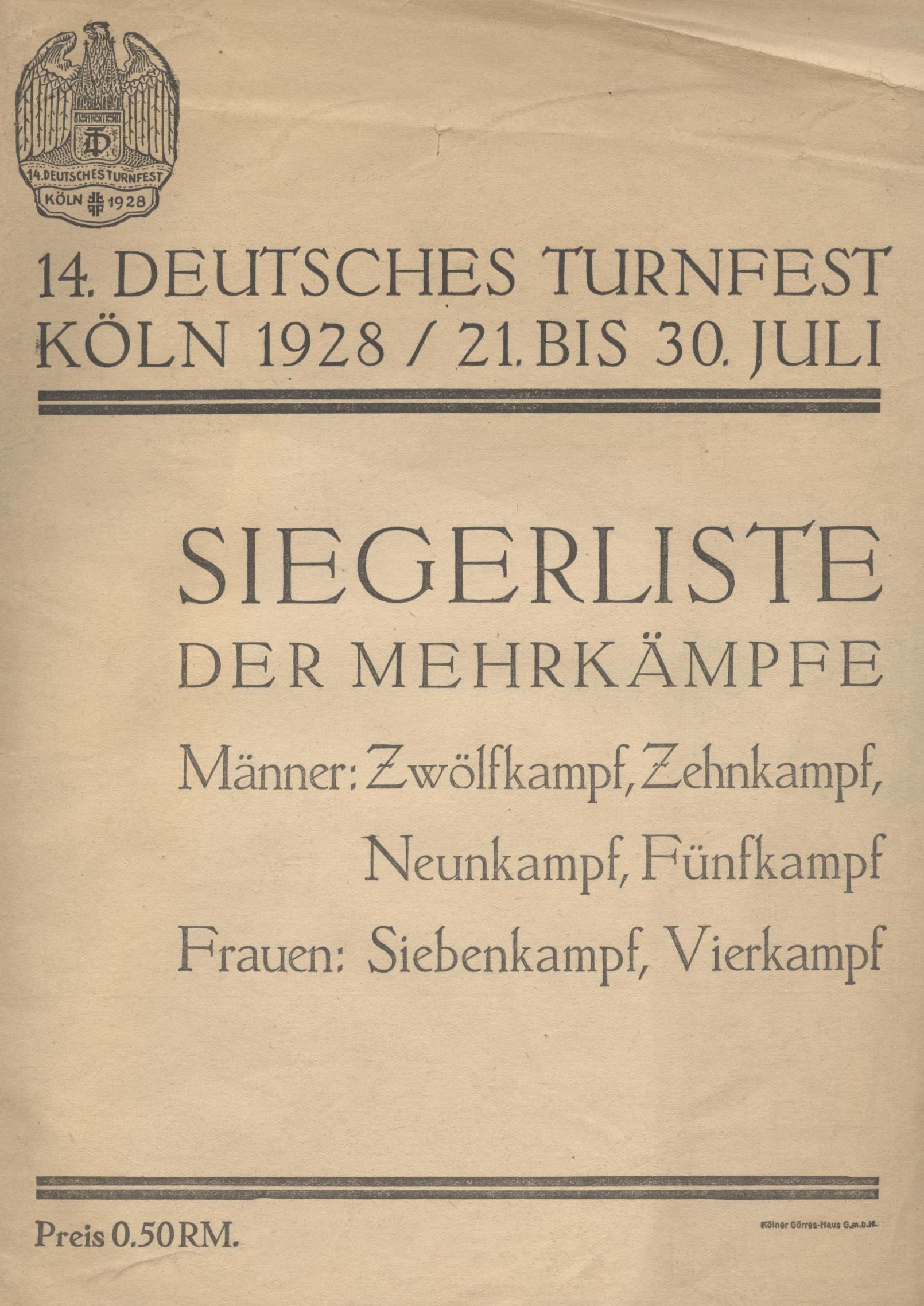 Náhledový obrázek Siegerliste der Mehrkämpfe. 14. Deutsches Turnfest. Köln 1928 - 1