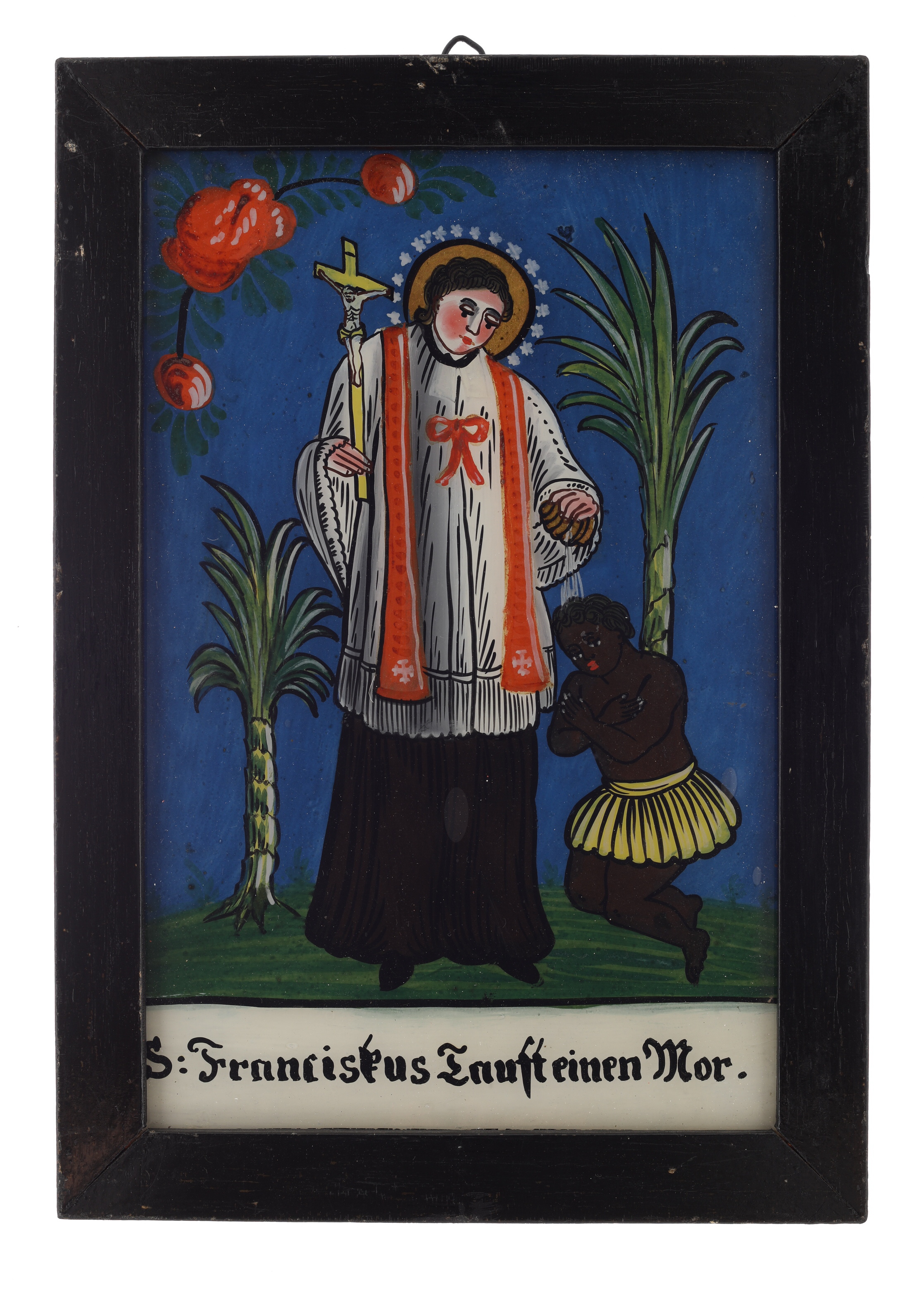 Náhledový obrázek Svatý František křtí mouřenína (podmalba na skle) - 1