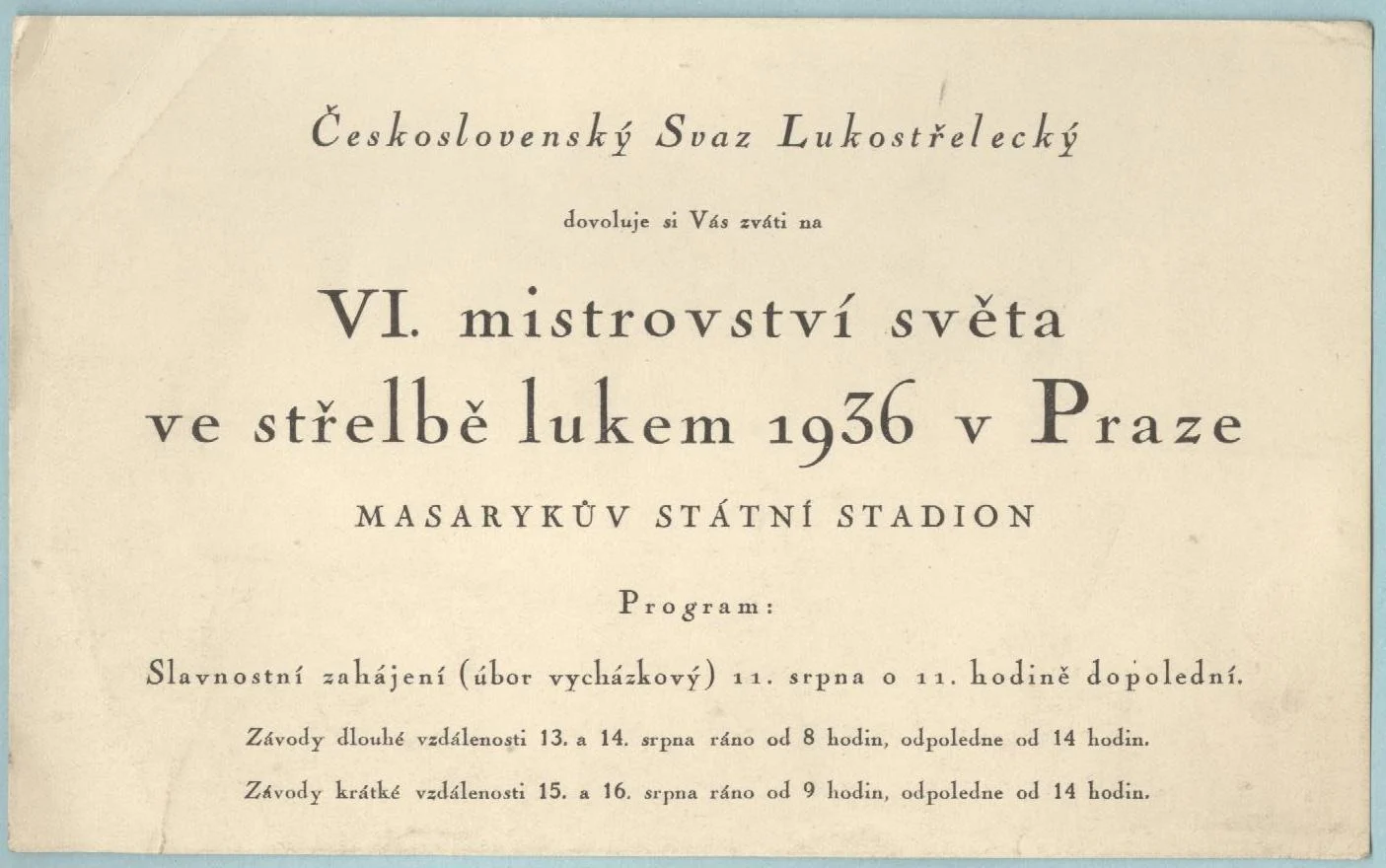 Náhledový obrázek předmětu Mistrovství světa ve střelbě lukem. Praha 1936