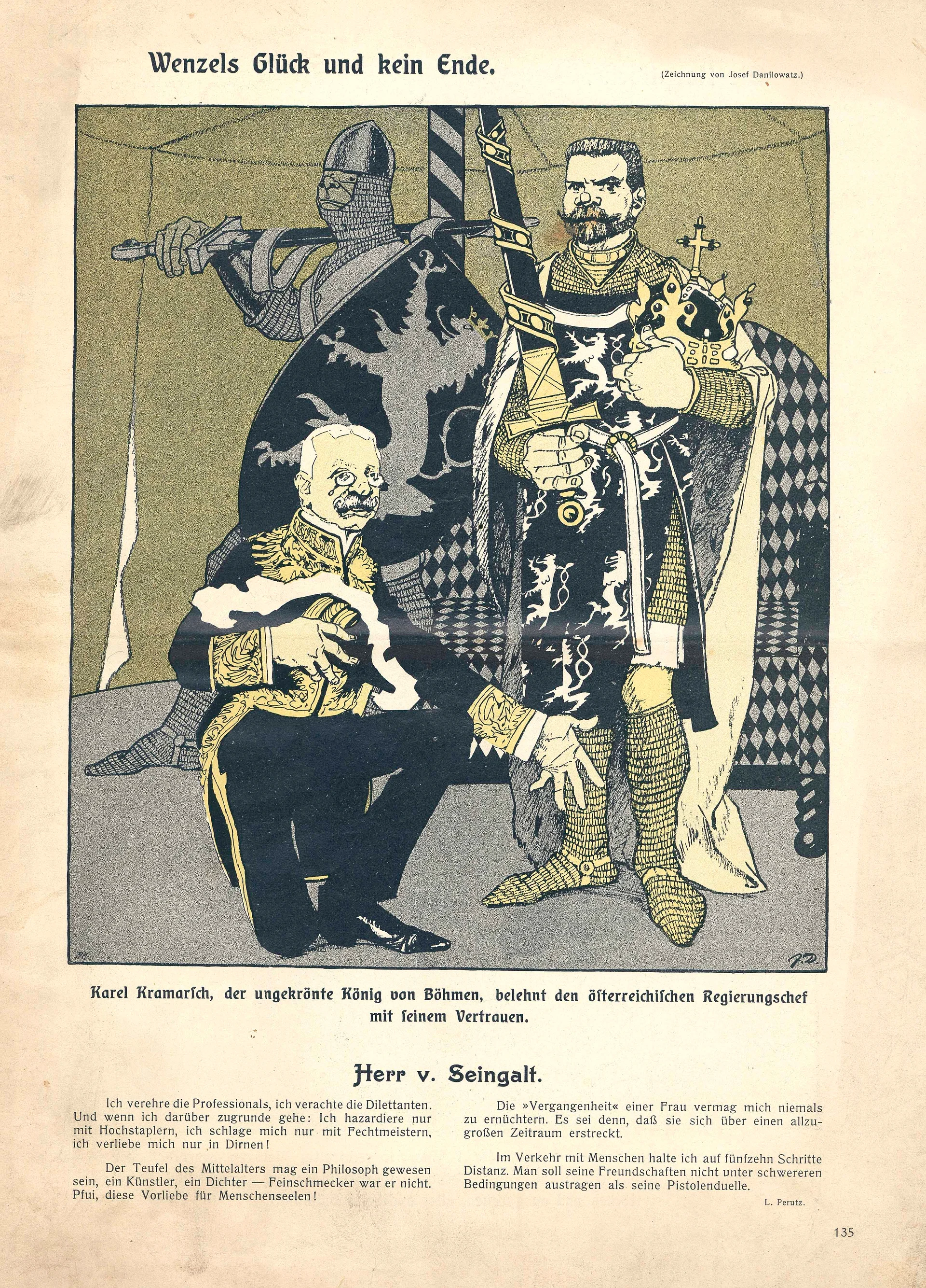 Náhledový obrázek předmětu Titulní list časopisu s karikaturou Karla Kramáře jako nekorunovaného krále Čech