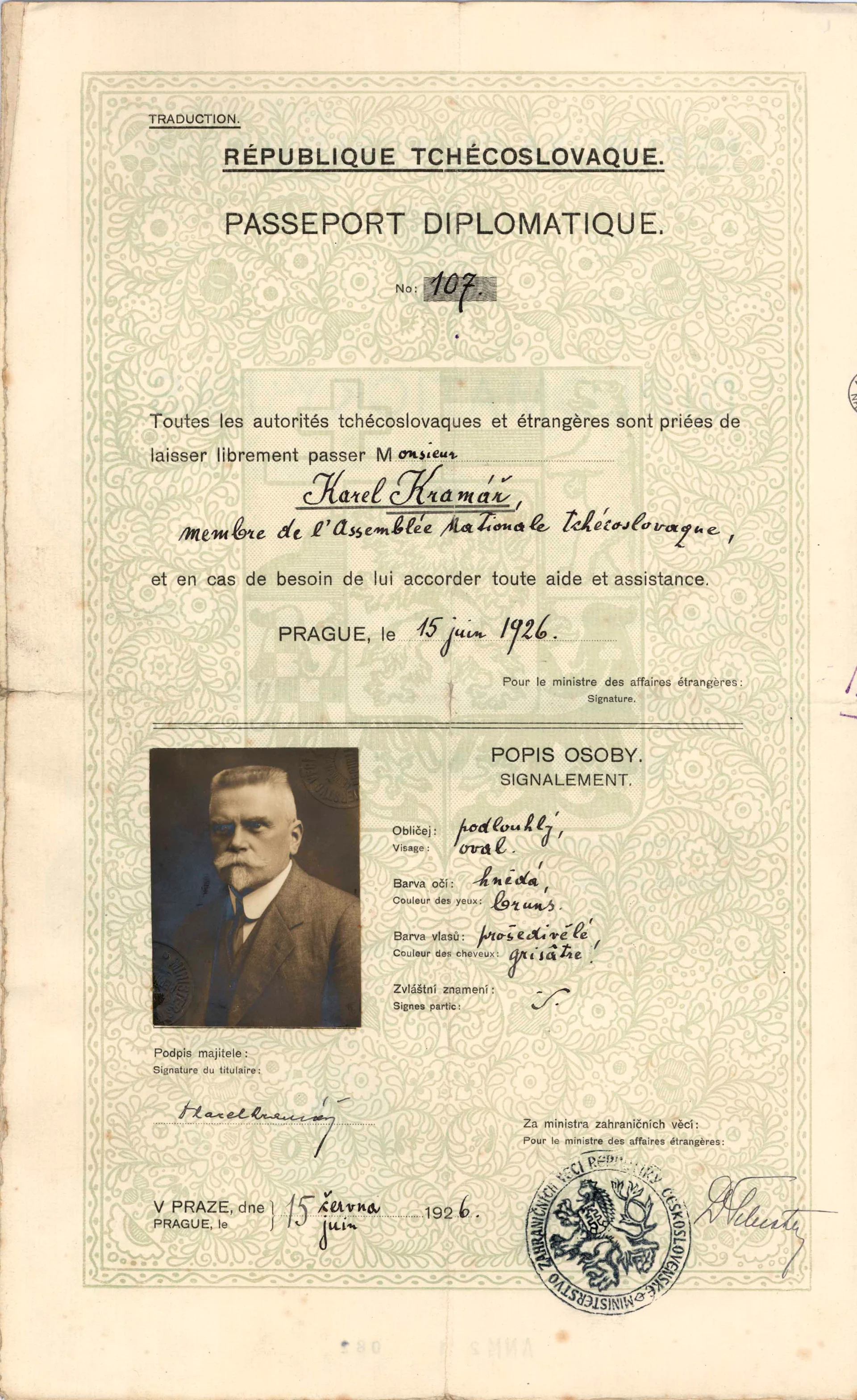 Náhledový obrázek předmětu Diplomatický pas Karla Kramáře