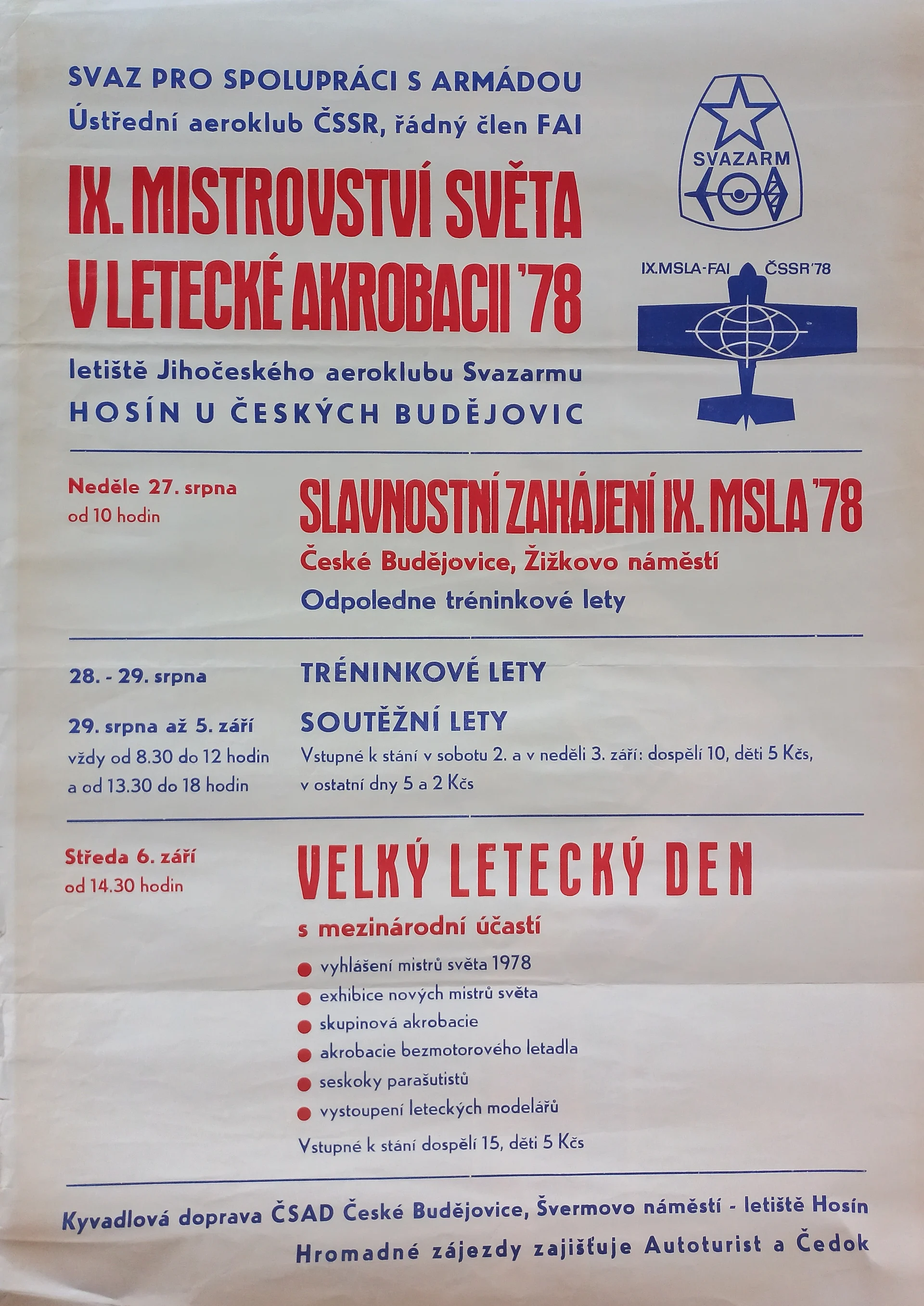 Náhledový obrázek předmětu Mistrovství světa v letecké akrobacii. České Budějovice 1978, program