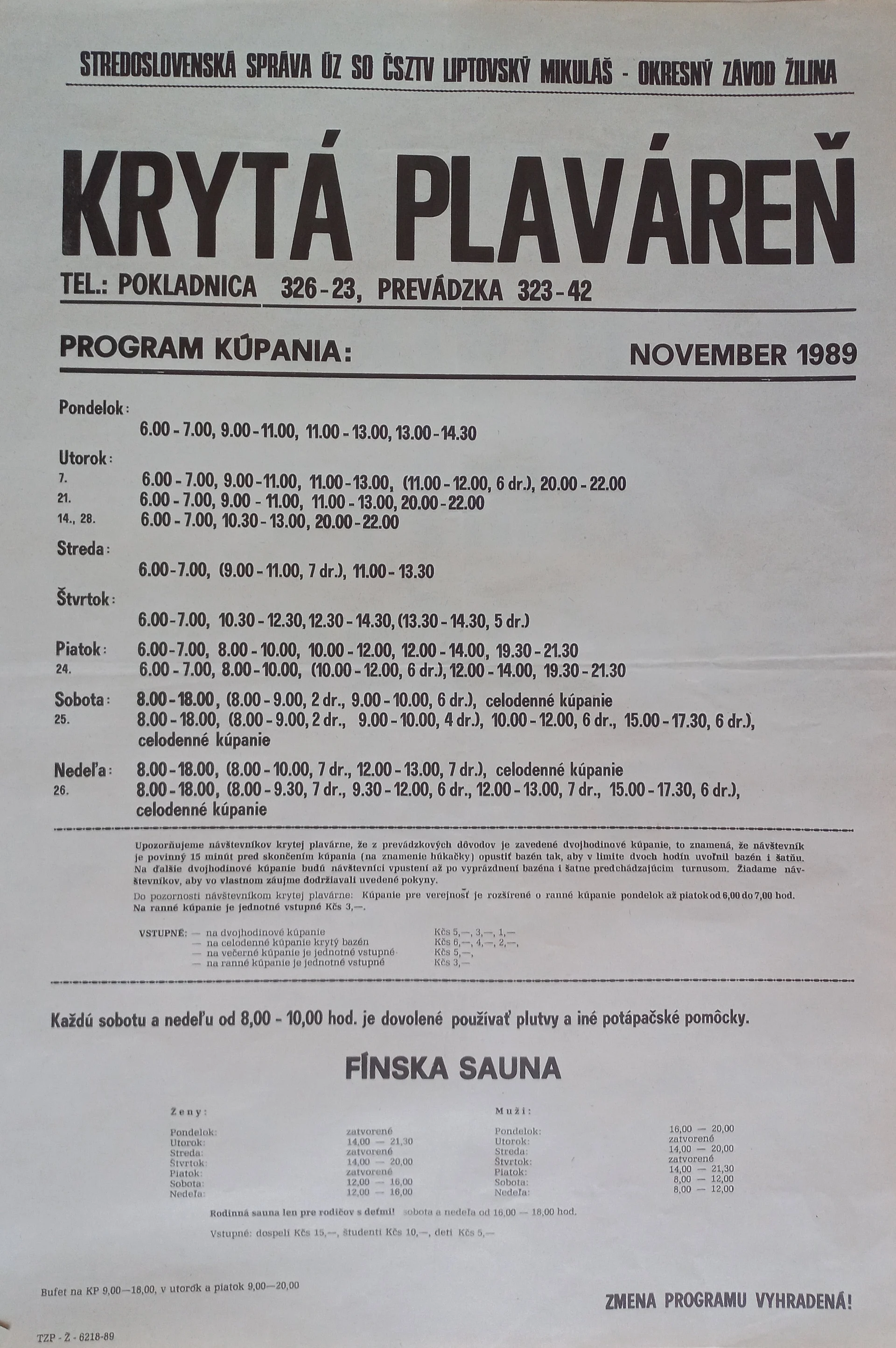 Náhledový obrázek předmětu Krytá plaváreň Žilina, program