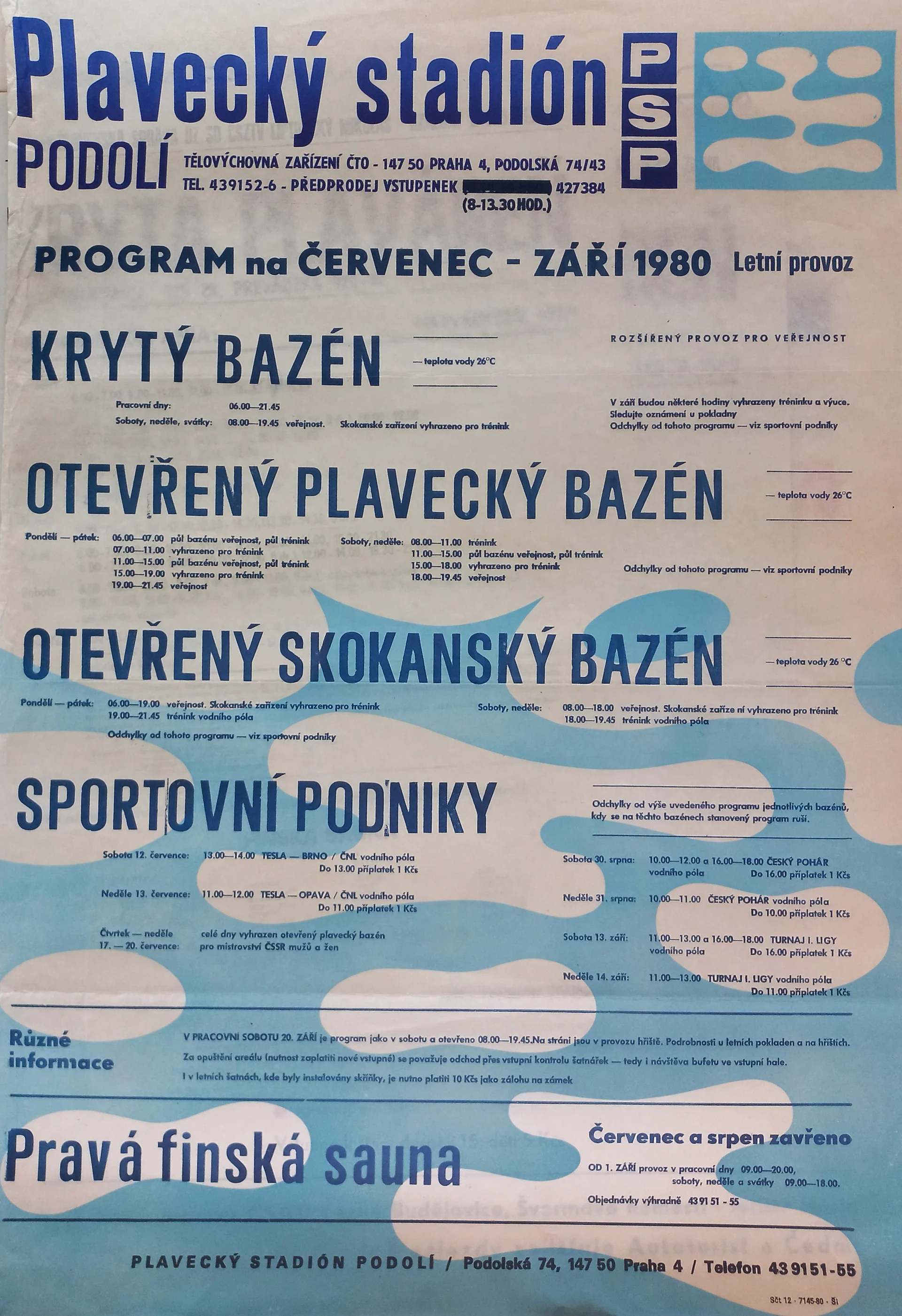 Náhledový obrázek předmětu Plavecký stadion Podolí. Program na červenec - září 1980
