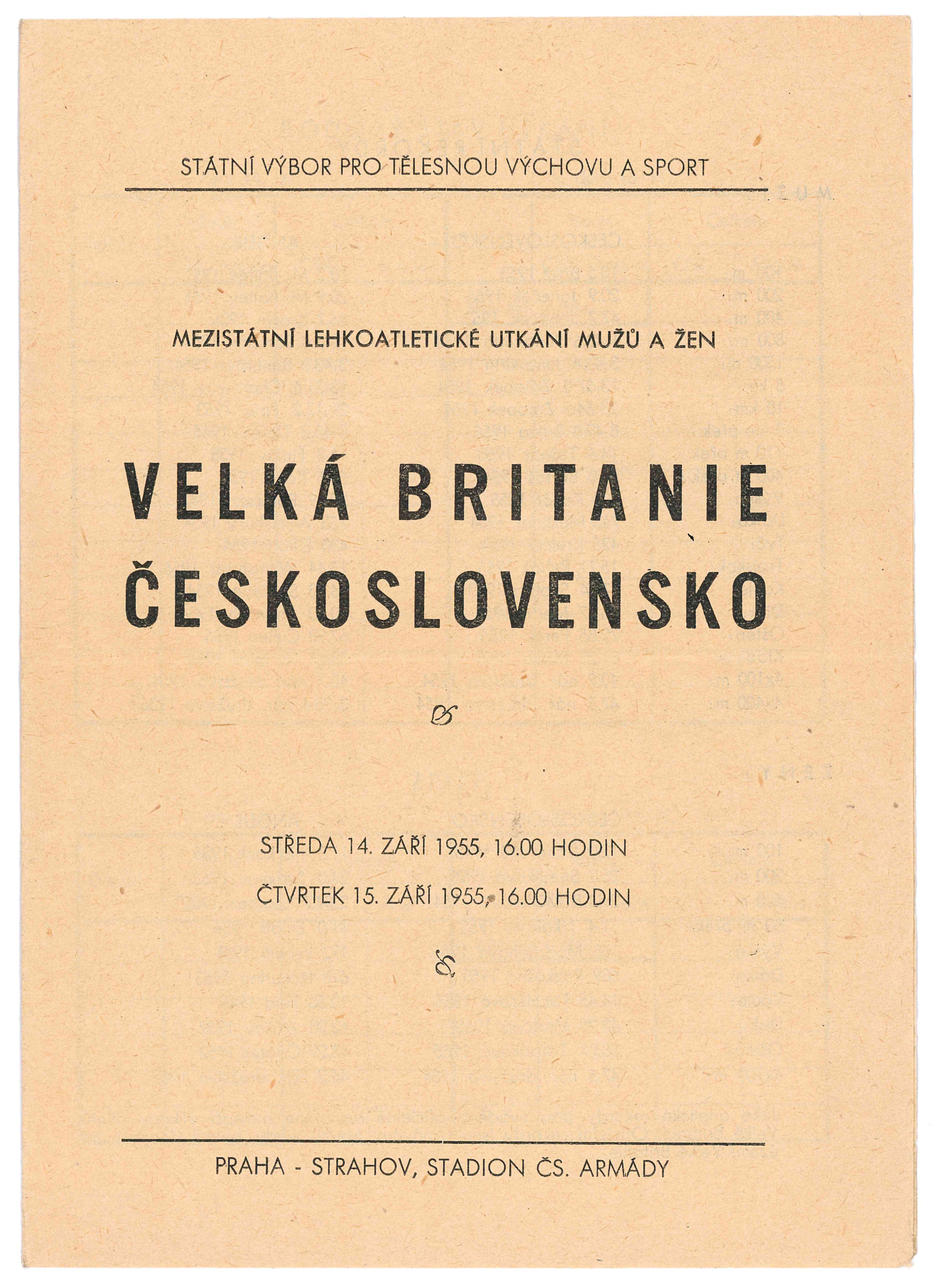 Náhledový obrázek Mezistátní lehkoatletické utkání mužů a žen. Velká Británie - Československo - 1