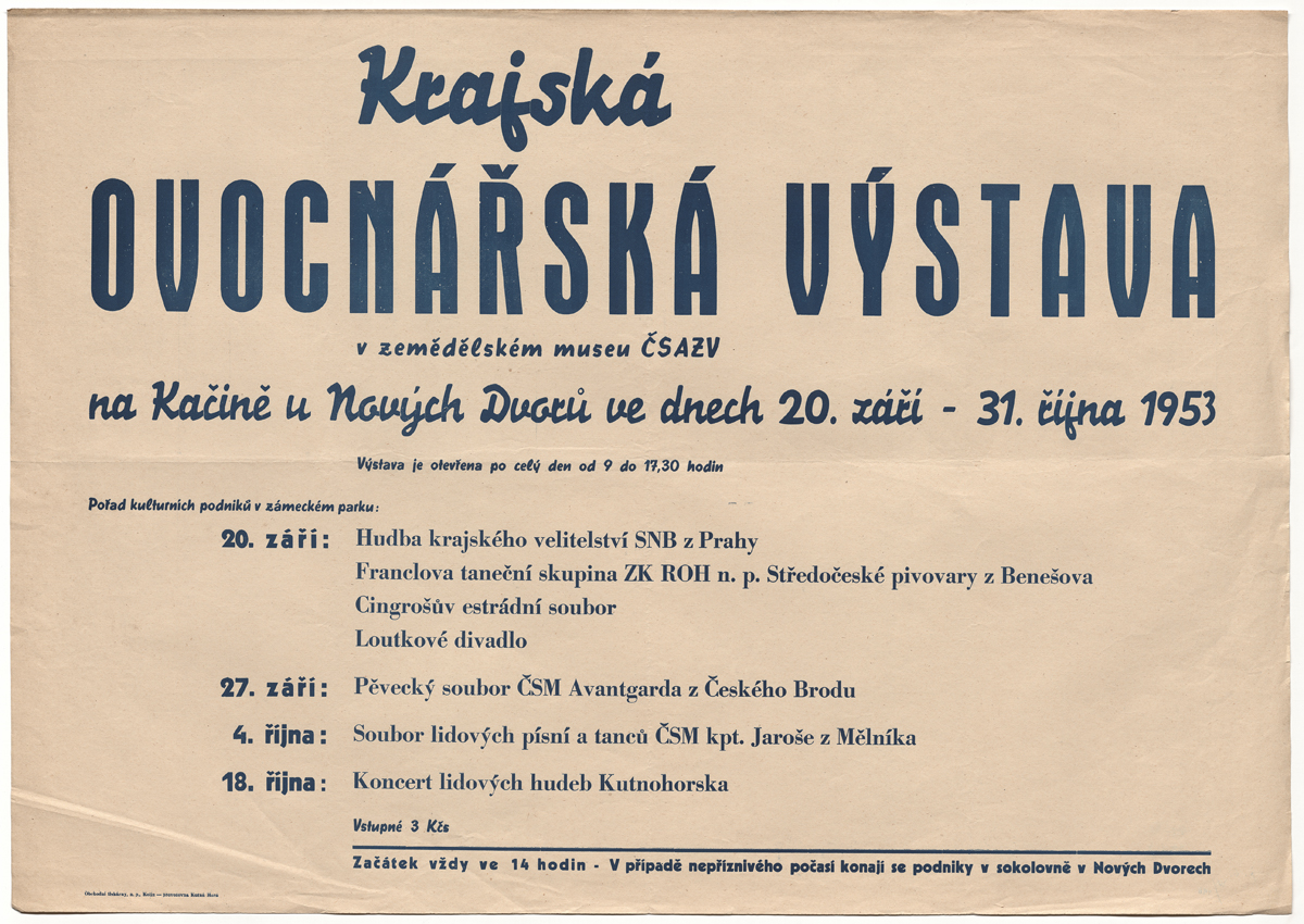 Náhledový obrázek Krajská ovocnářská výstava v zemědělském muzeu ČSAZV na Kačině 20. září - 31. říjen 1953 - 1